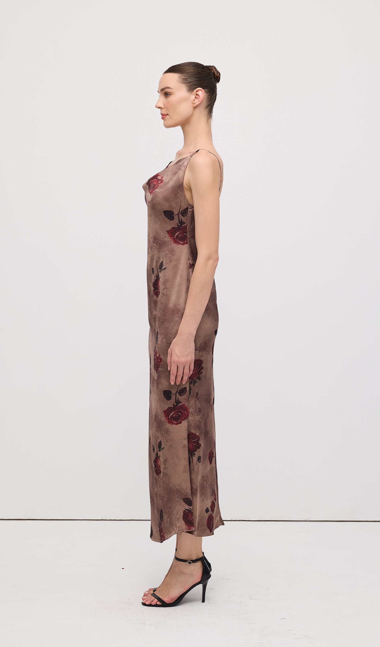 Cowl Neck Rose Print Sleeveless Midi Dress