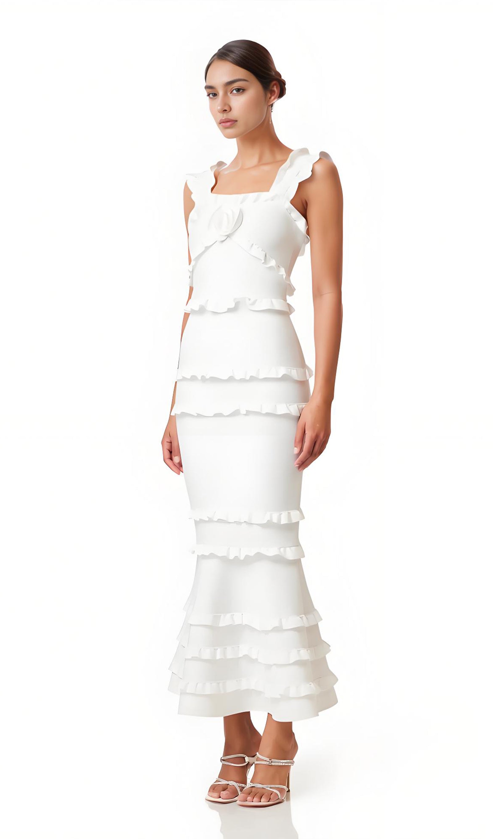Sleeveless Frill Maxi Dress In White