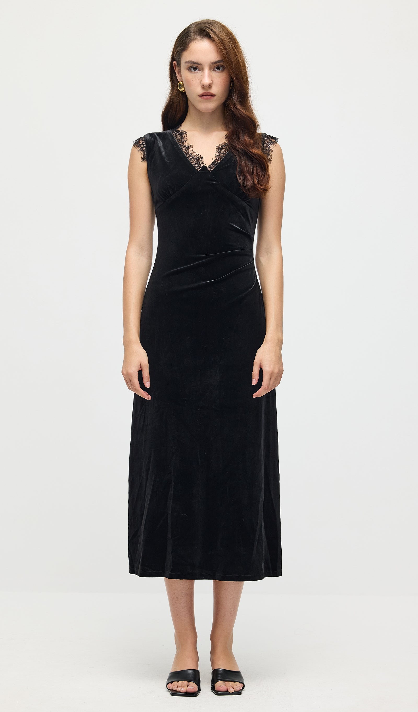 Lace Trimmed Velvet Midi Dress