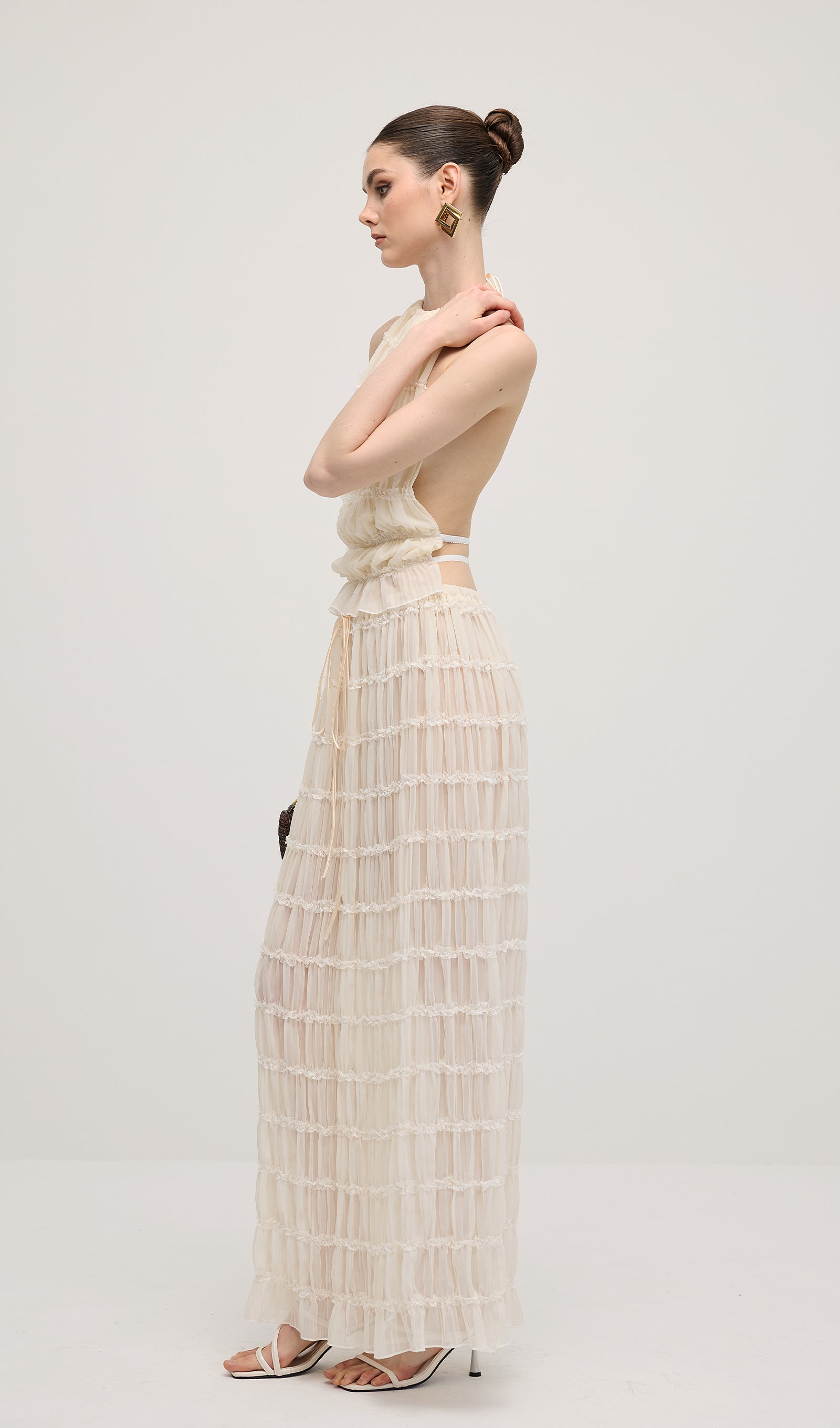 Halter Top & Ruched Detail Maxi Skirt Sets In White