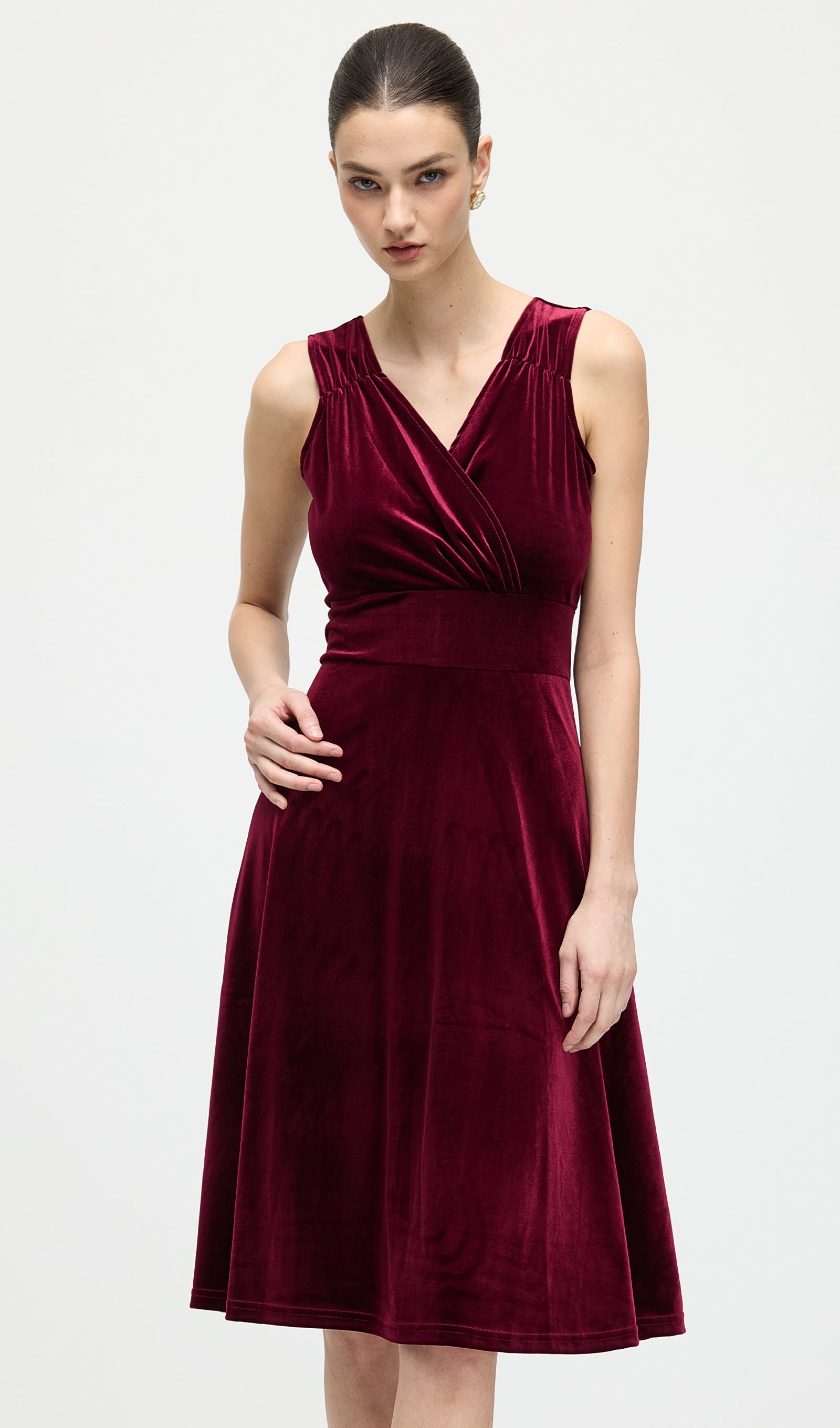V Neck Velvet Midi Dress