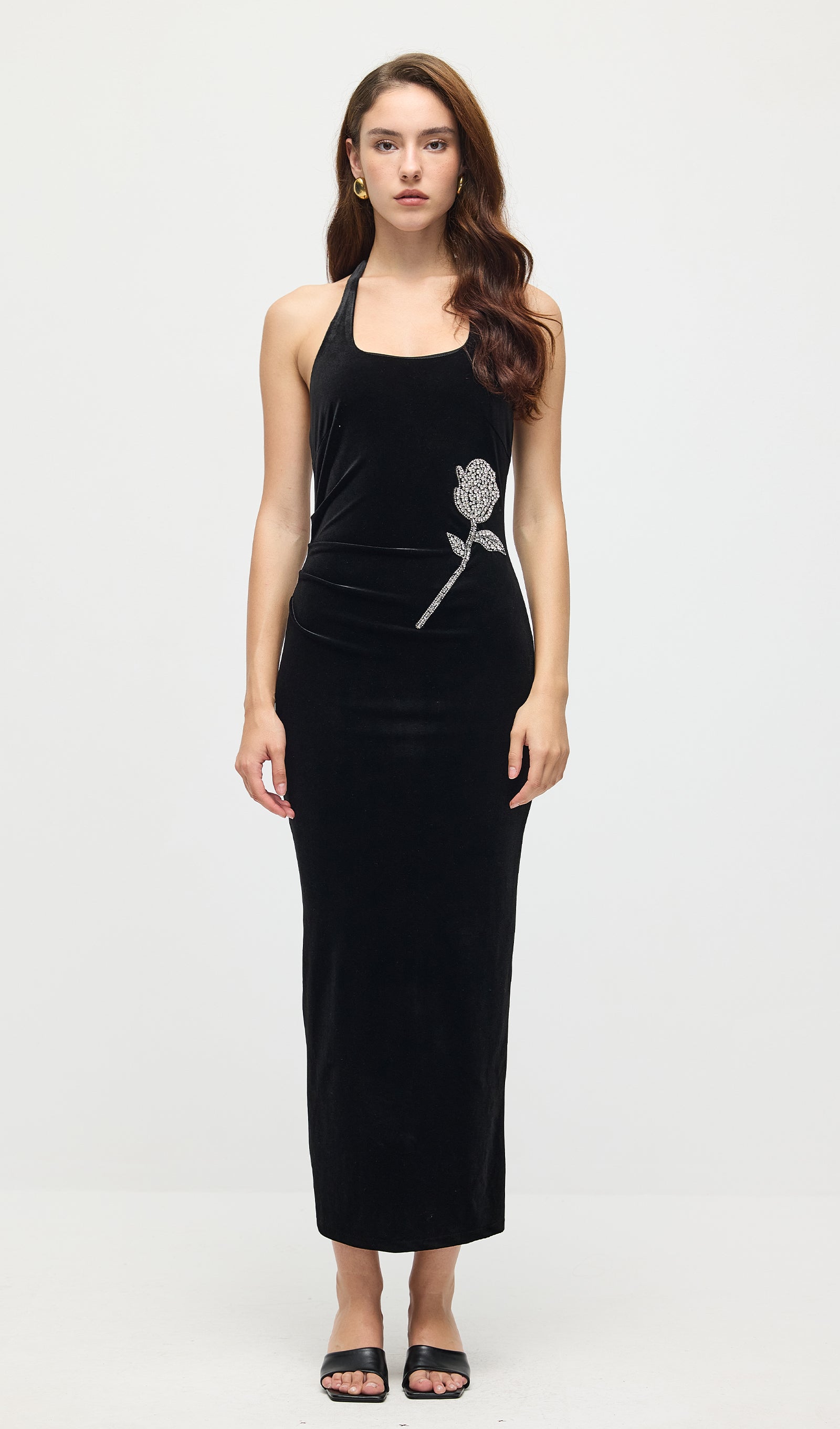 Halter Velvet Embellished Midi Dress