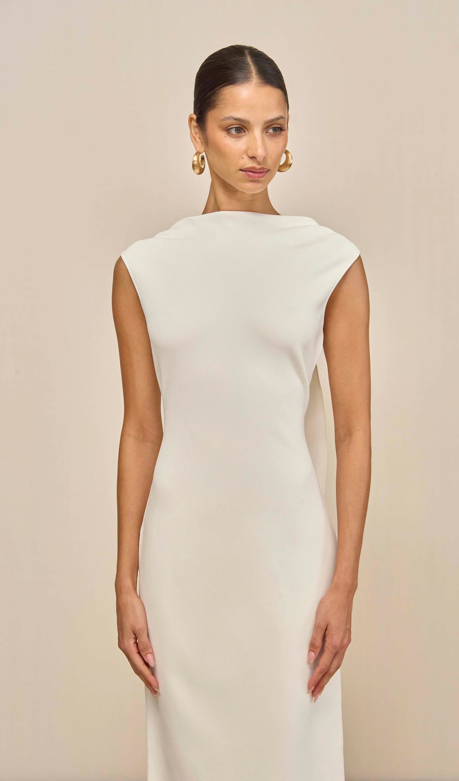 Knit Deep Cowl Back Midi Dress In White