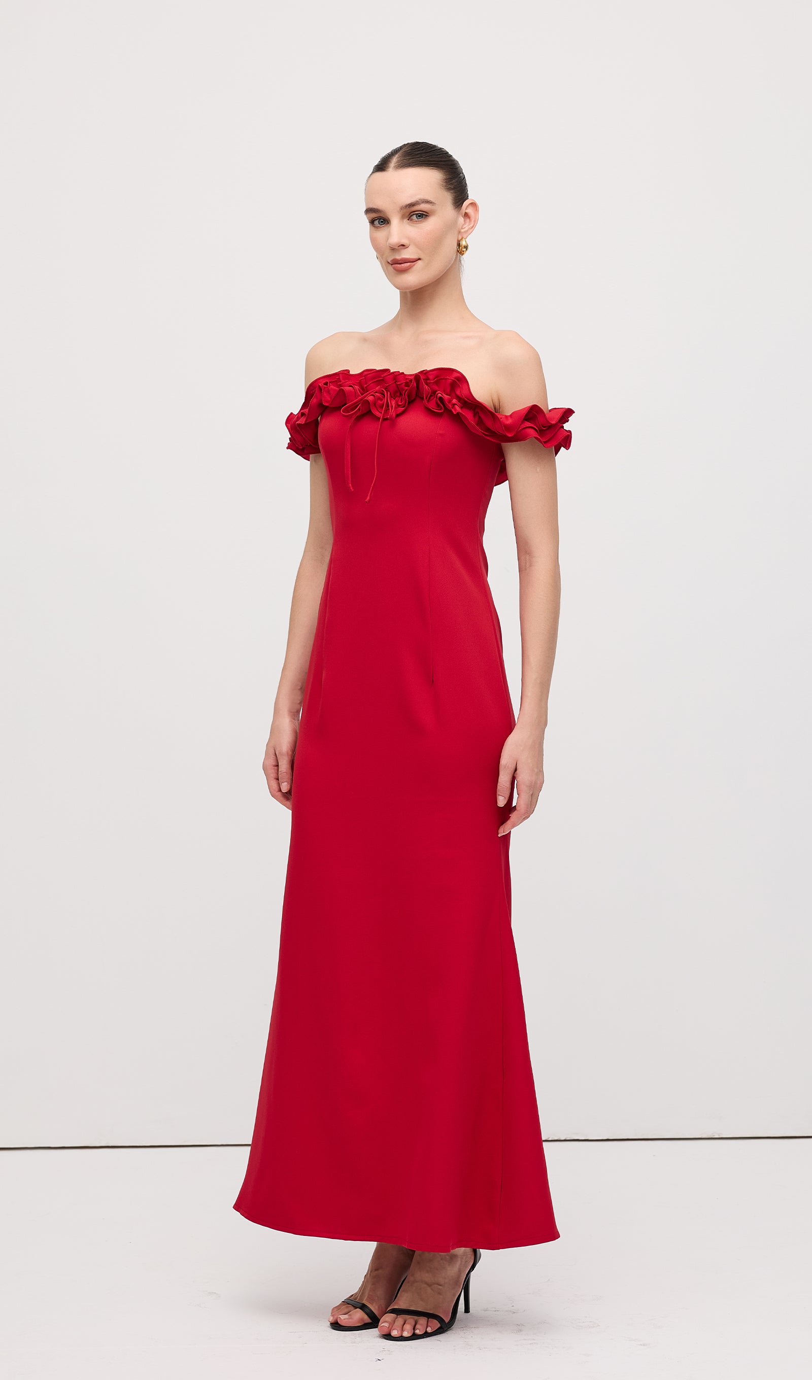 Ruffle Off Shoulder Maxi Dress Red