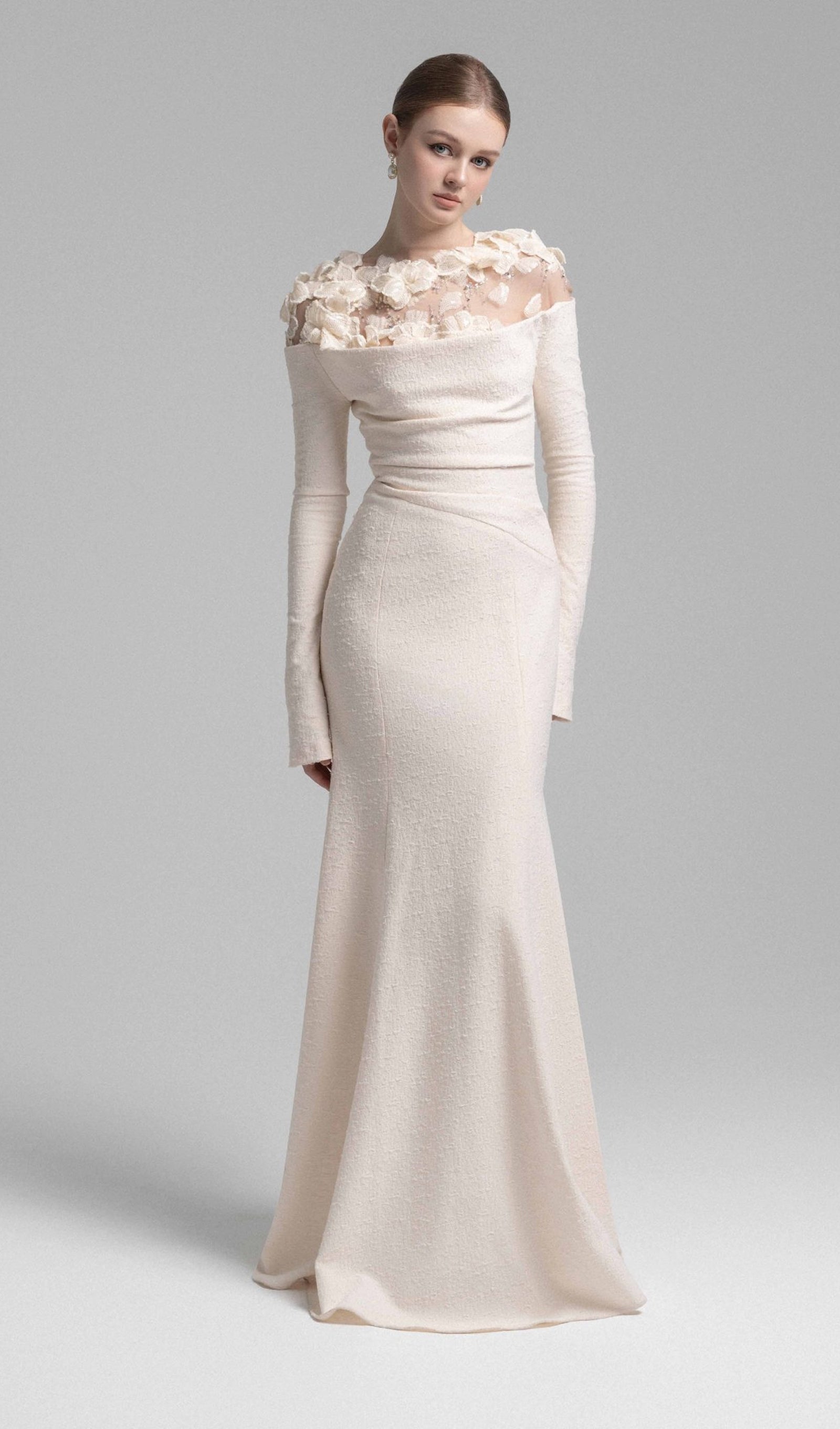 Draped Crystal Midi Dress In Cream