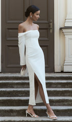 Solid Open Shoulders And Slit Midi Dress
