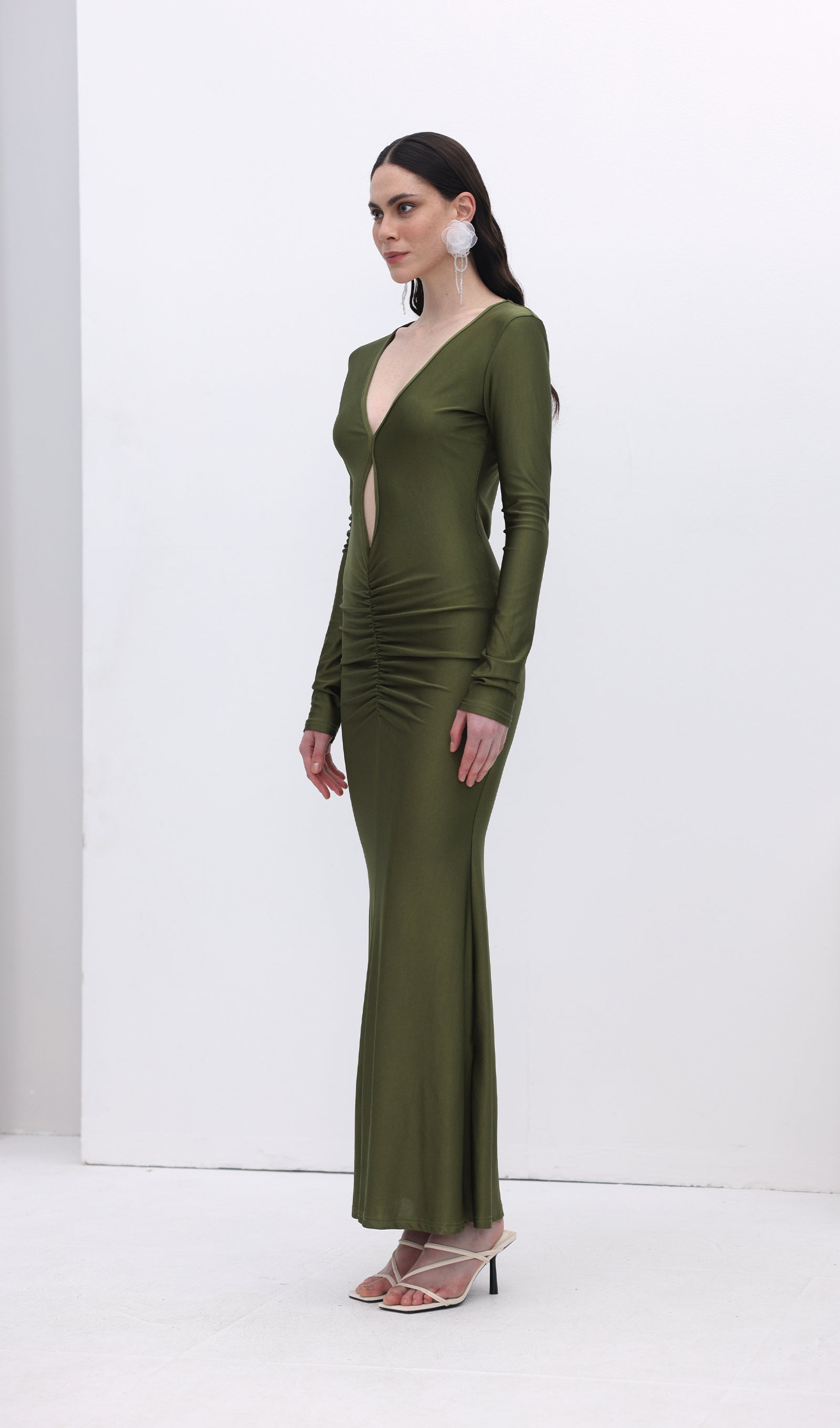 V Neck Ruched Maxi Dress