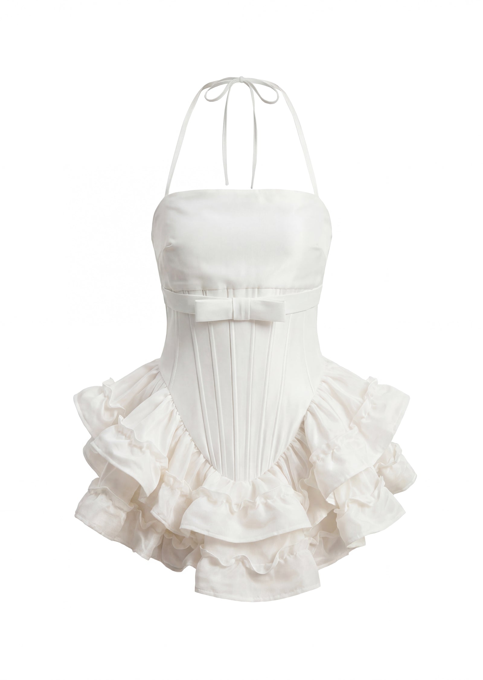 Ruffled Satin Corset Mini Dress In White