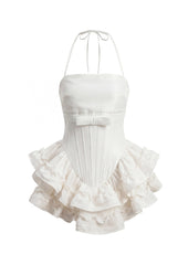 Ruffled Satin Corset Mini Dress In White