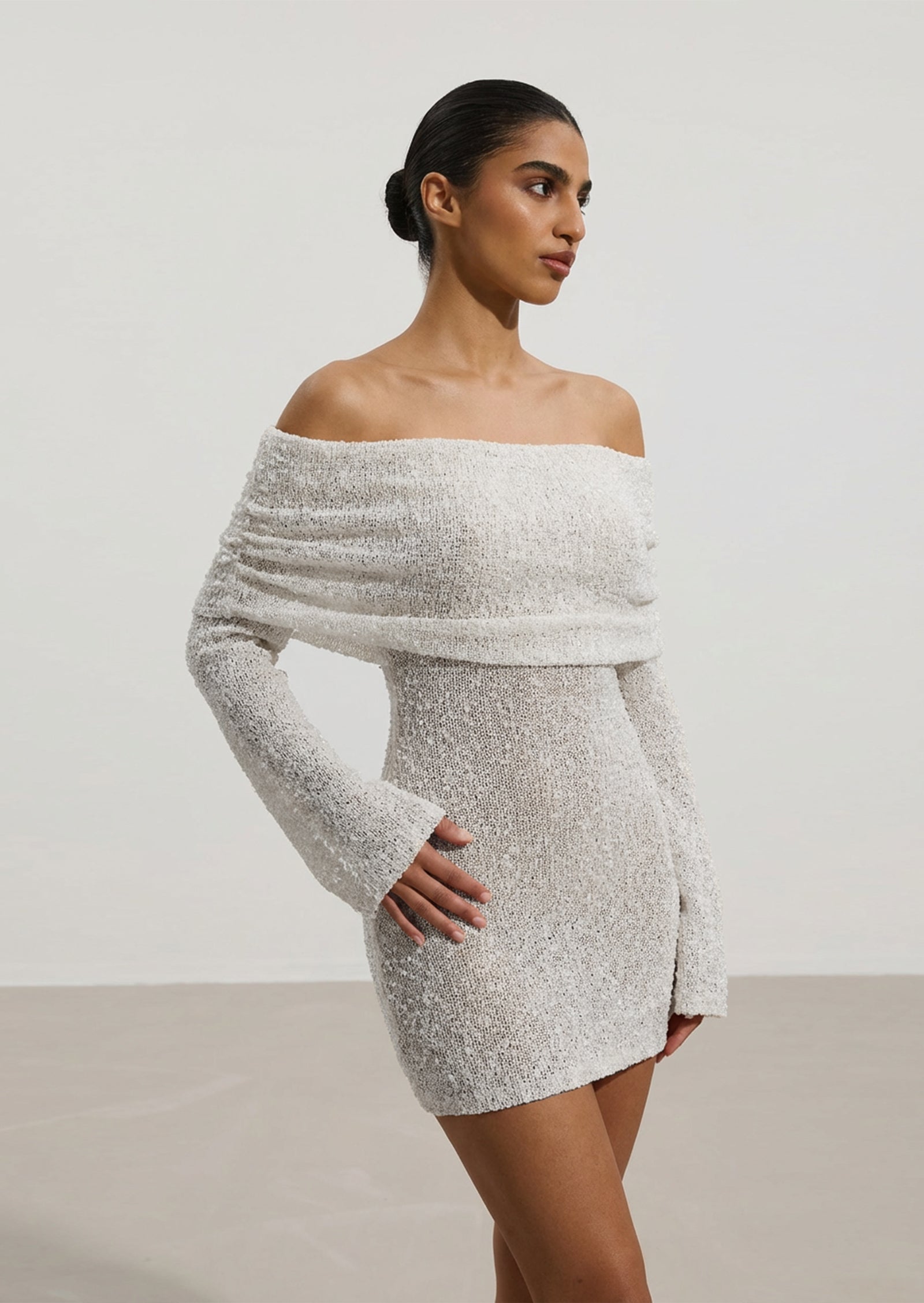 Off Shoulder Boucle Knit Mini Dress In Ivory