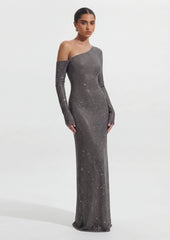 Diamante Long Sleeve Maxi Dress In Gunmetal