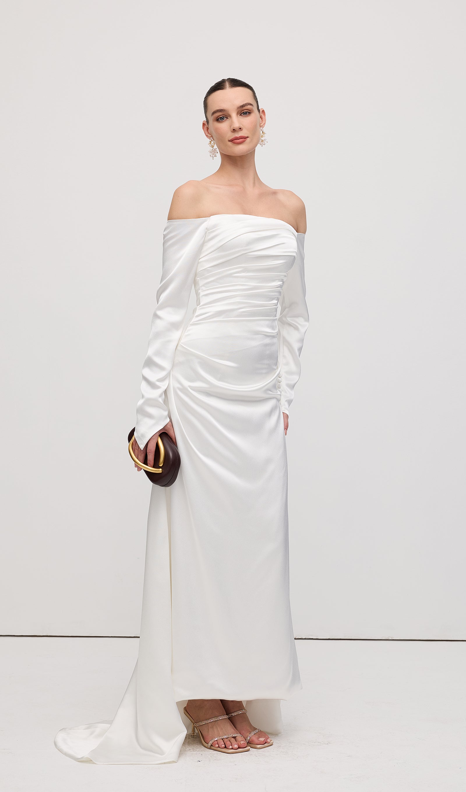 Satin Off Shoulder Ruched Maxi Dress