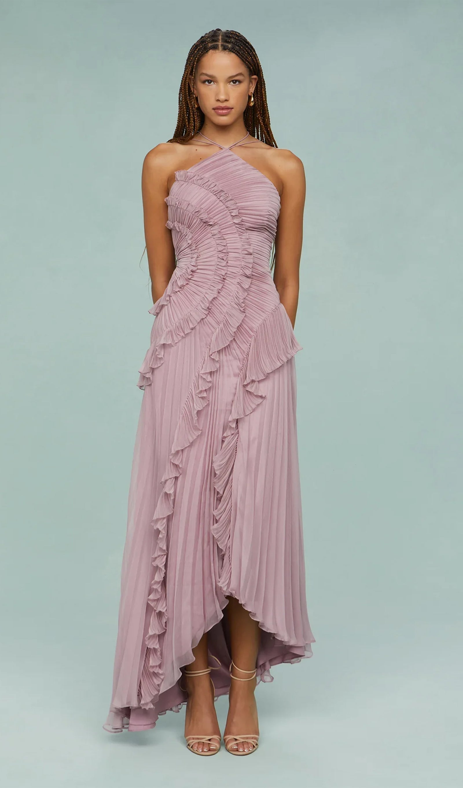 Asymmetry Ruffled Halter Maxi Dress