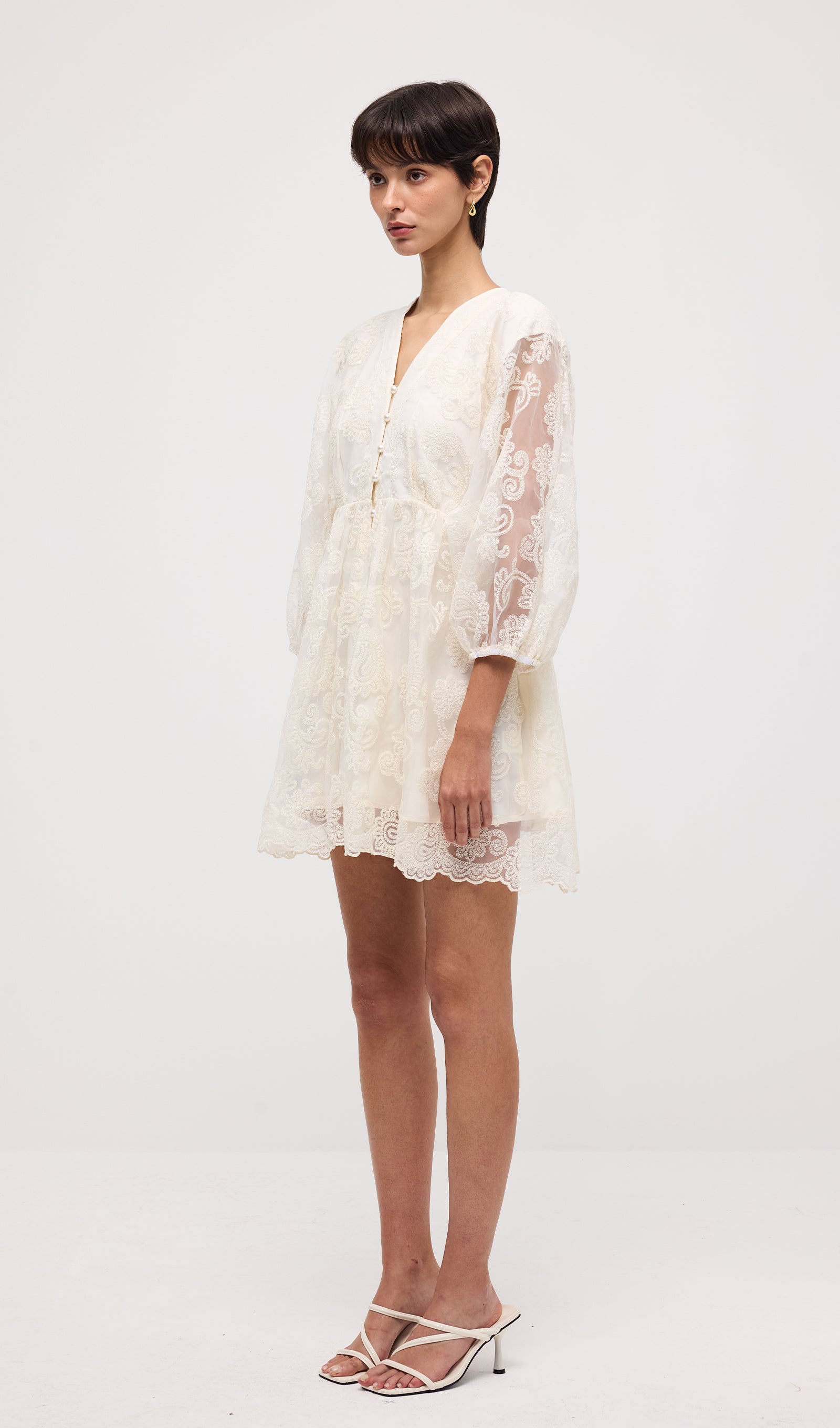 V Neck Embroidery Lace Mini Dress