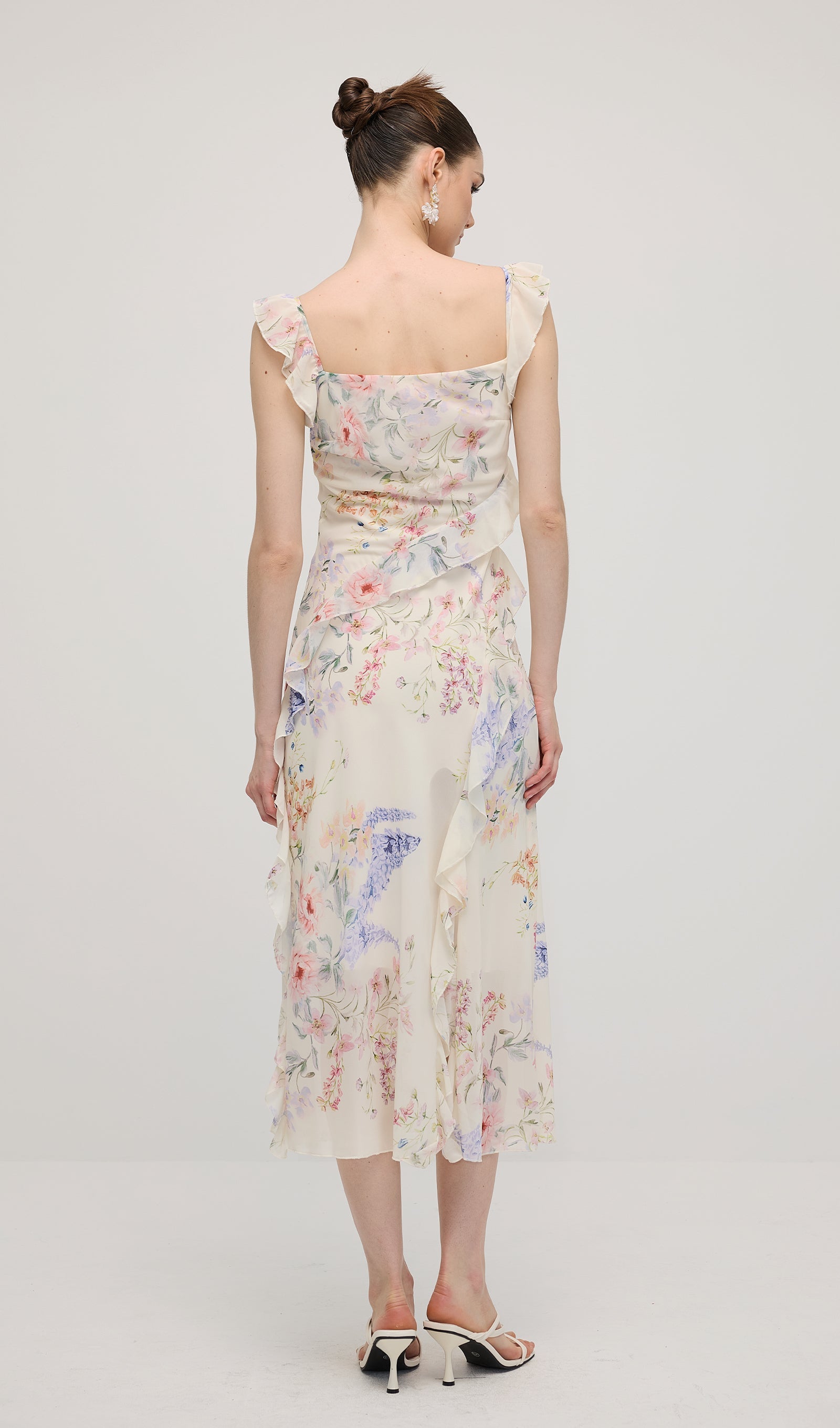 Floral V Neck Ruffled Midi Dress