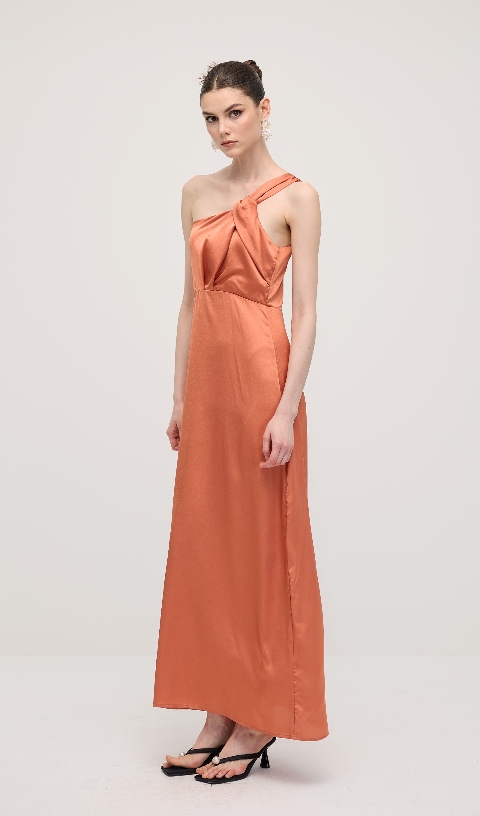 One Shoulder Draping Feature Midi Dress In Rose Brown