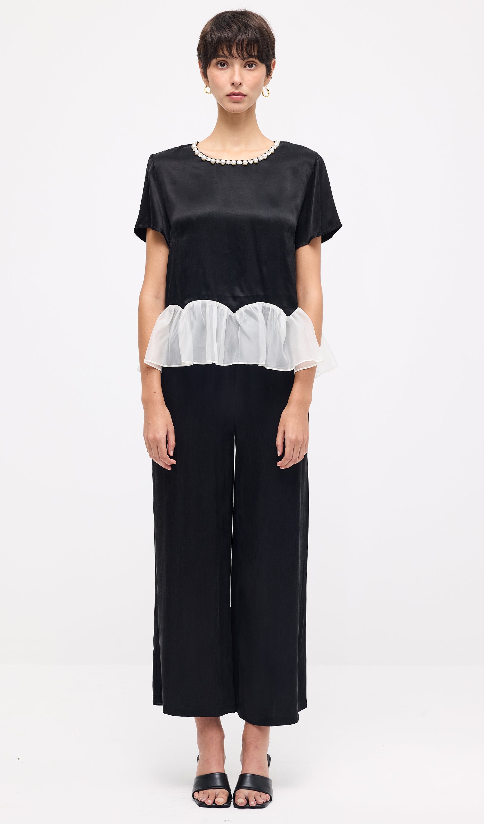 Short Sleeve Top & Maxi Pants Set In Black