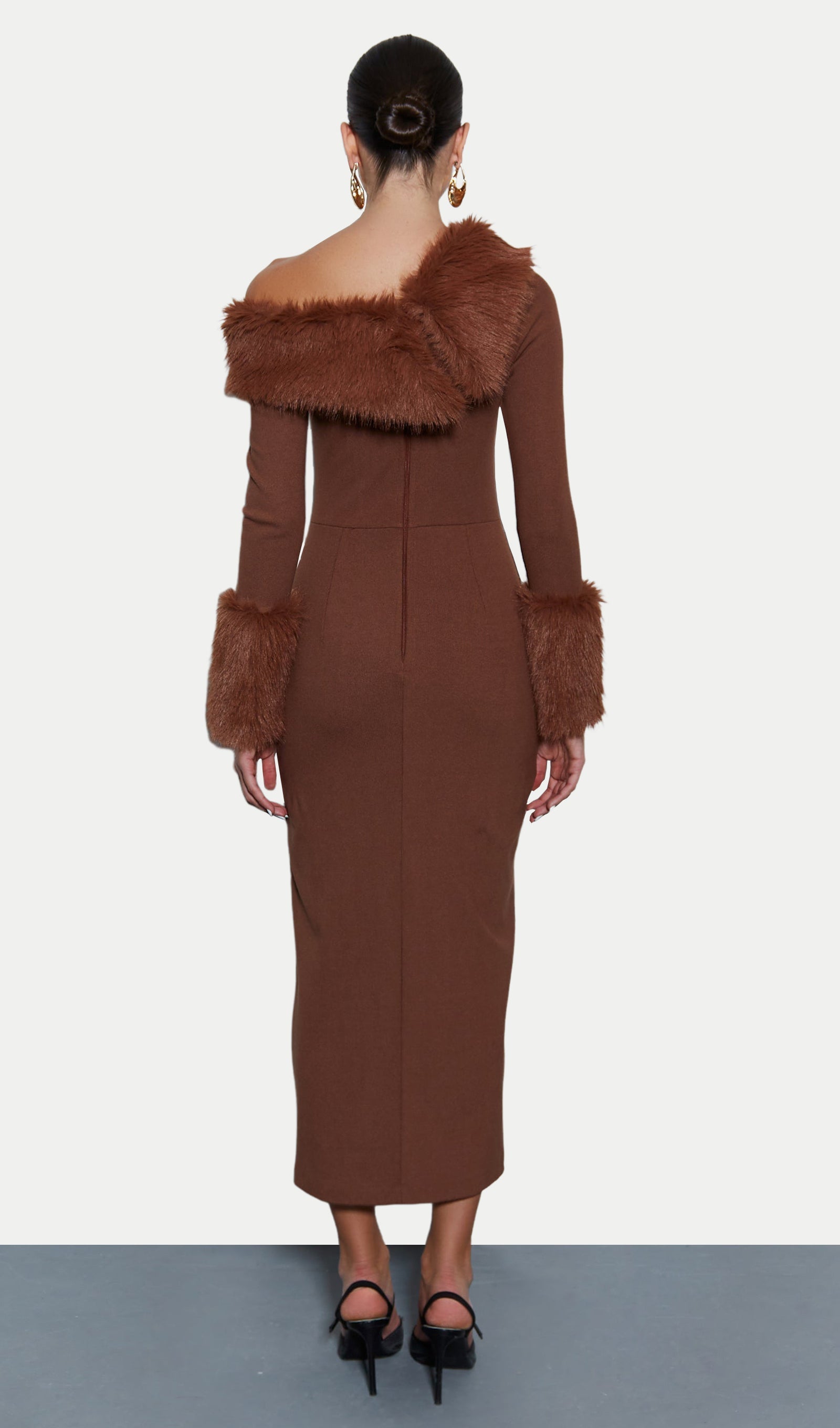 Asymmetrical Slit Fur-Trimmed Midi Dress