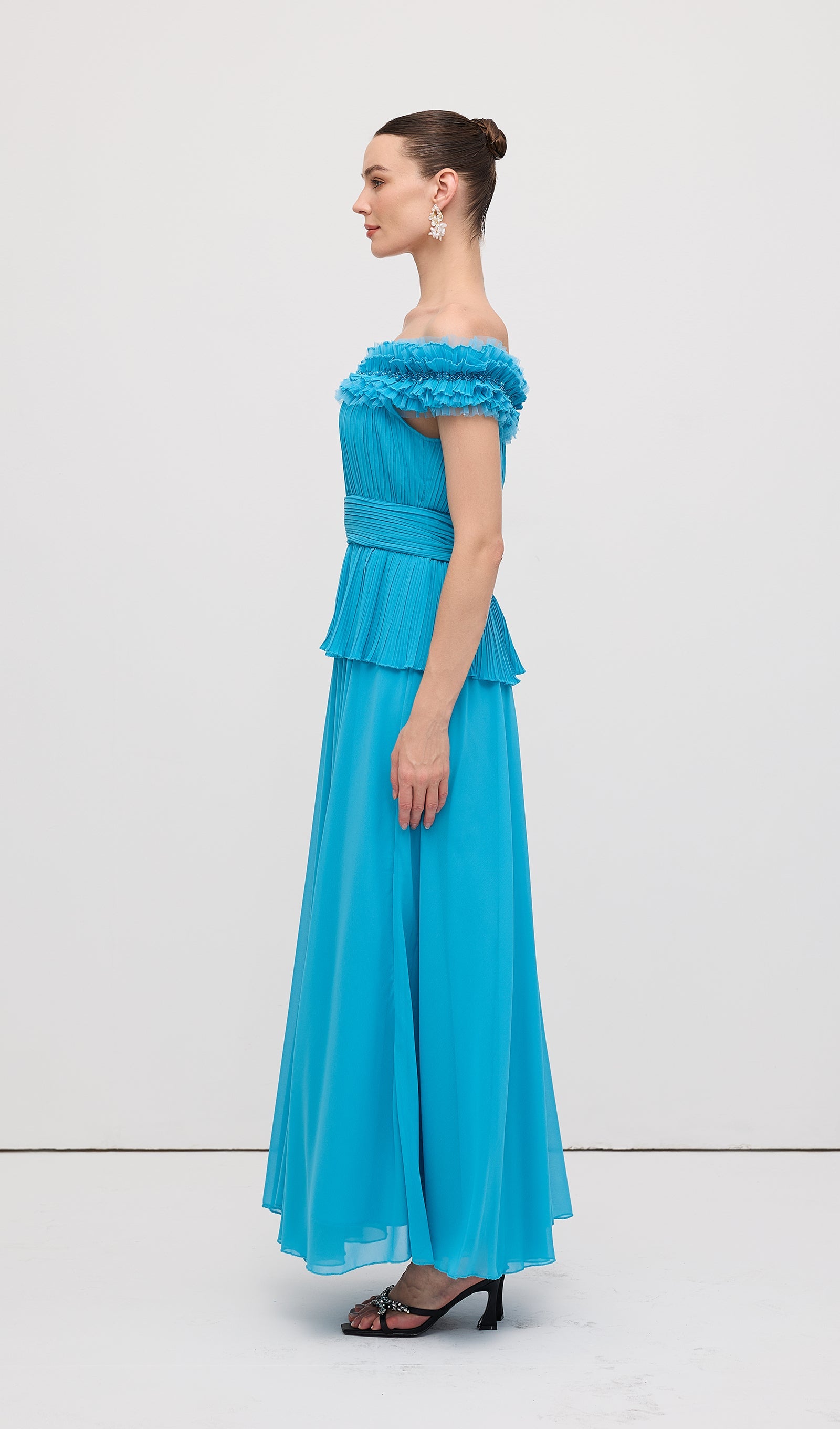 Solid Tiered Pleated Strapless Gown Maxi Dress