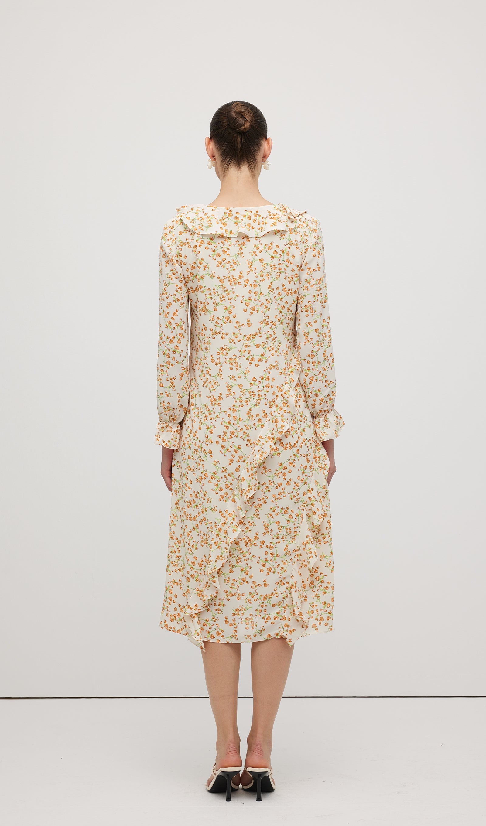 Floral V Neck Ruffled Midi Dress