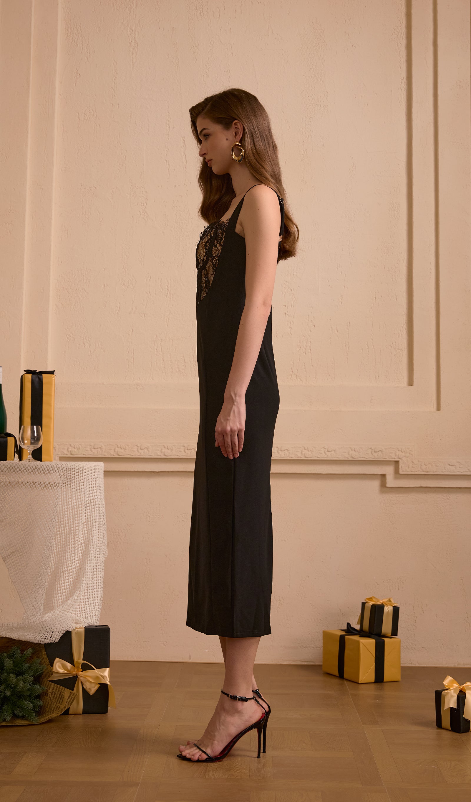 Lace-Trimmed Open Back Midi Dress