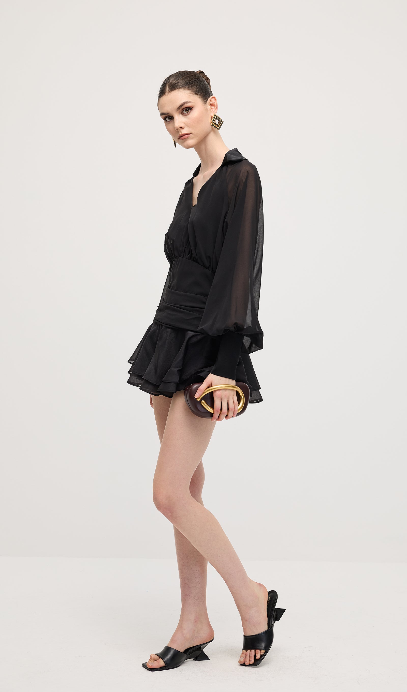 Solid Lantern Sleeve Mini Dress In Black