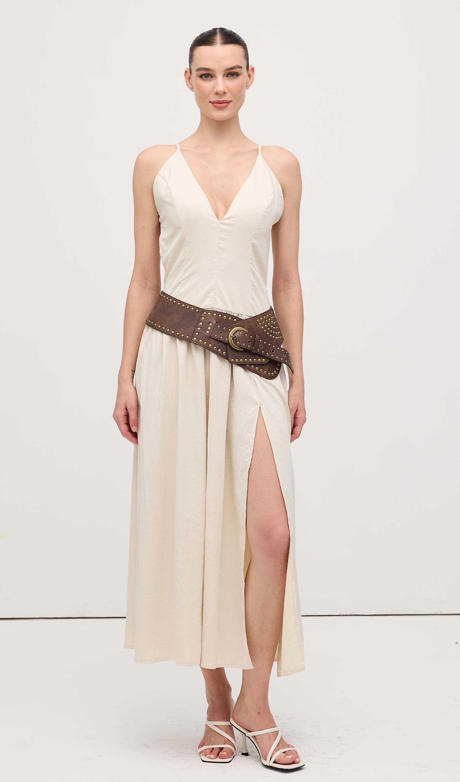 Slit Sleeveless Midi Dress With Belt