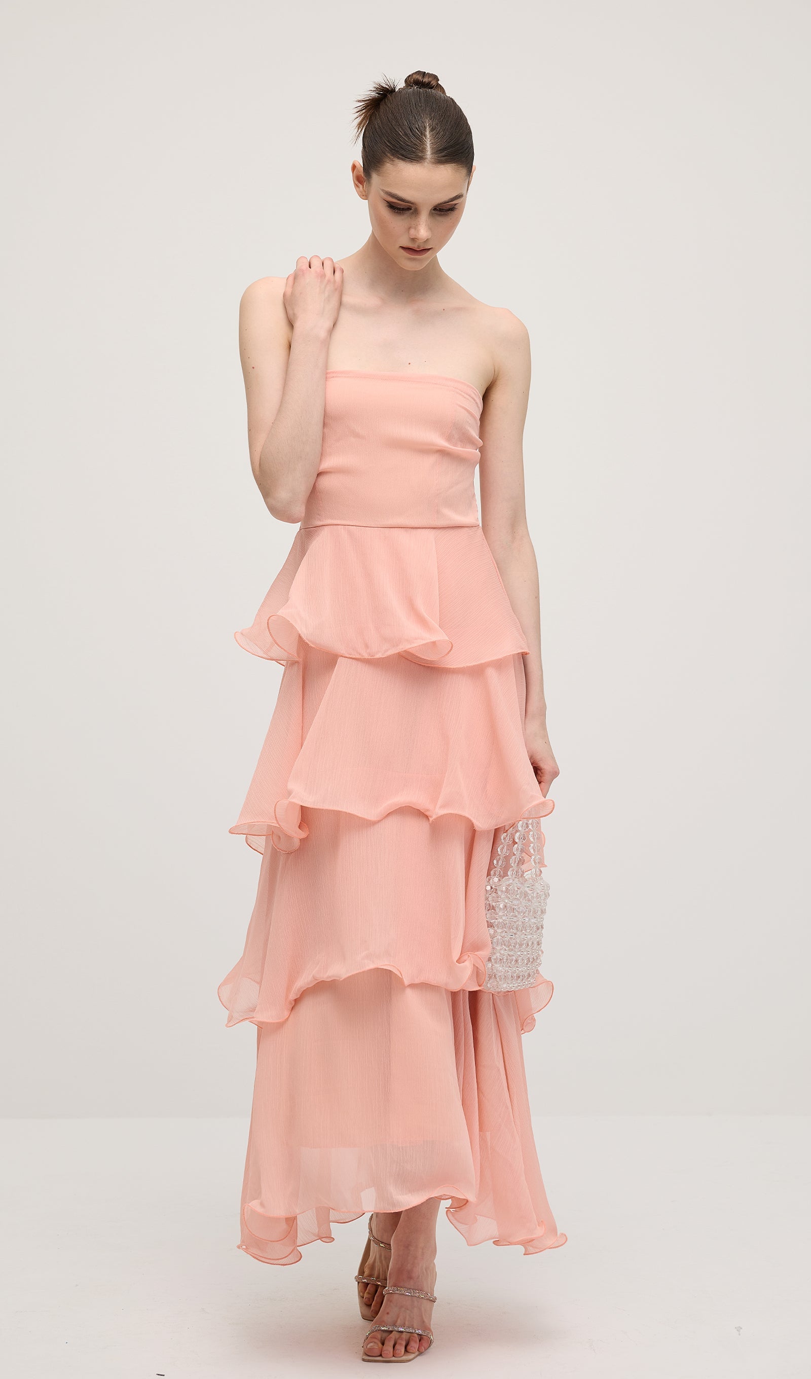 Strapless Layered Midi Dress In Pink