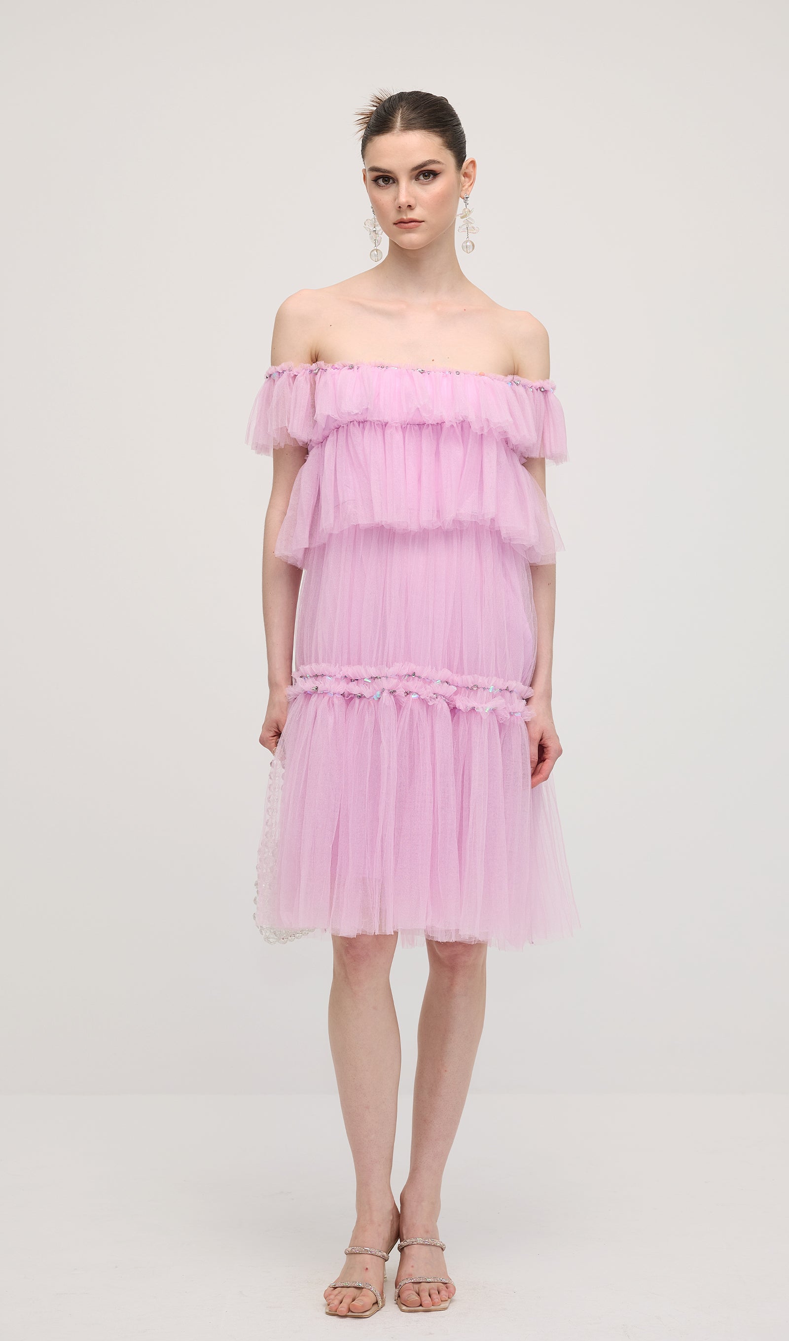 A Line Off Shoulder Layered Midi Dress