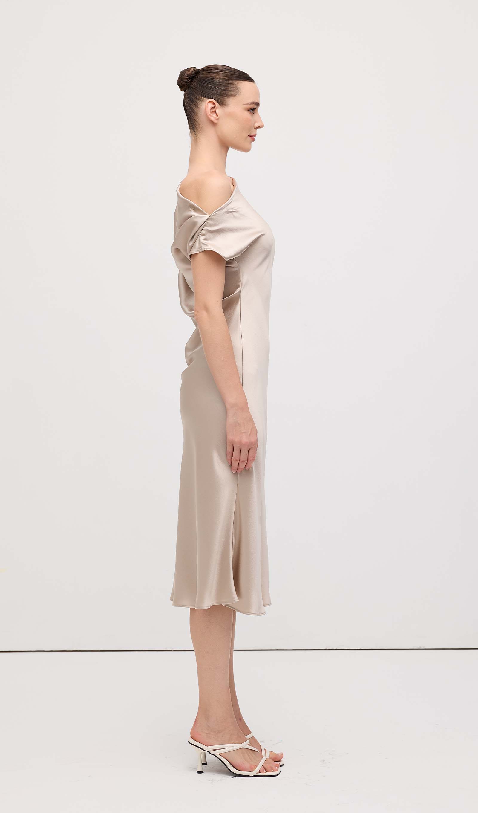 Asymmetric Satin Draped Midi Dress