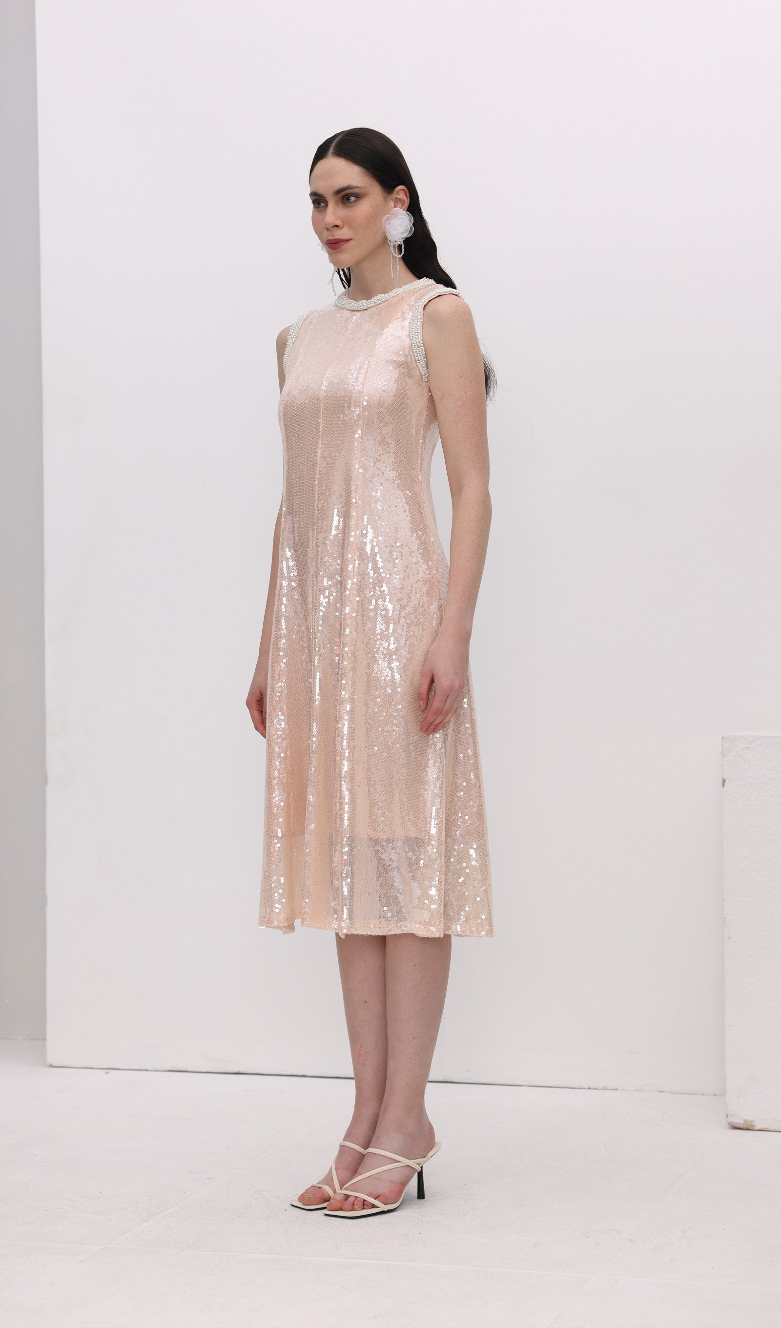 Sequin Embellished Pearl Trim Midi Dress