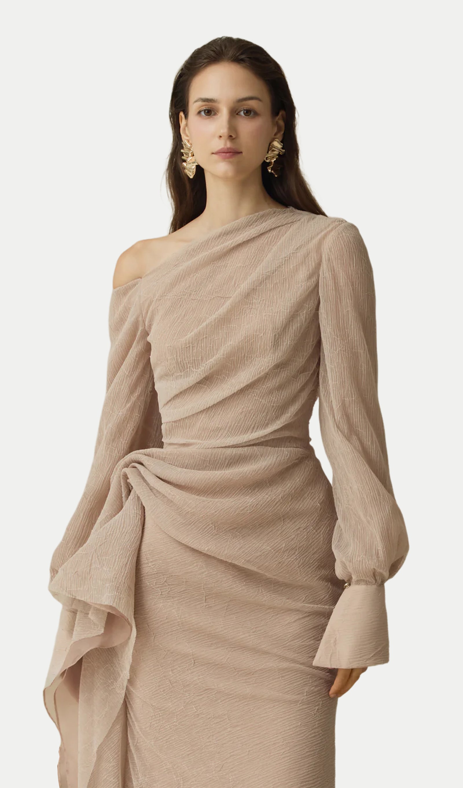 Asymmetric Neck Draped Midi Dress