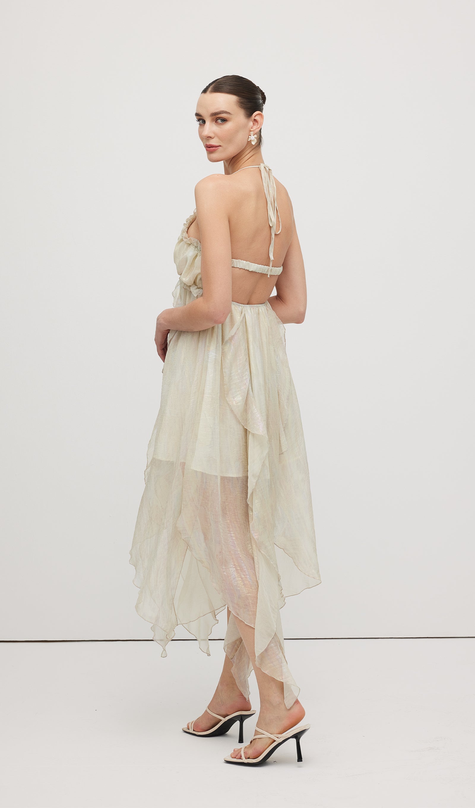 Halter Tulle Pleated Midi Dress