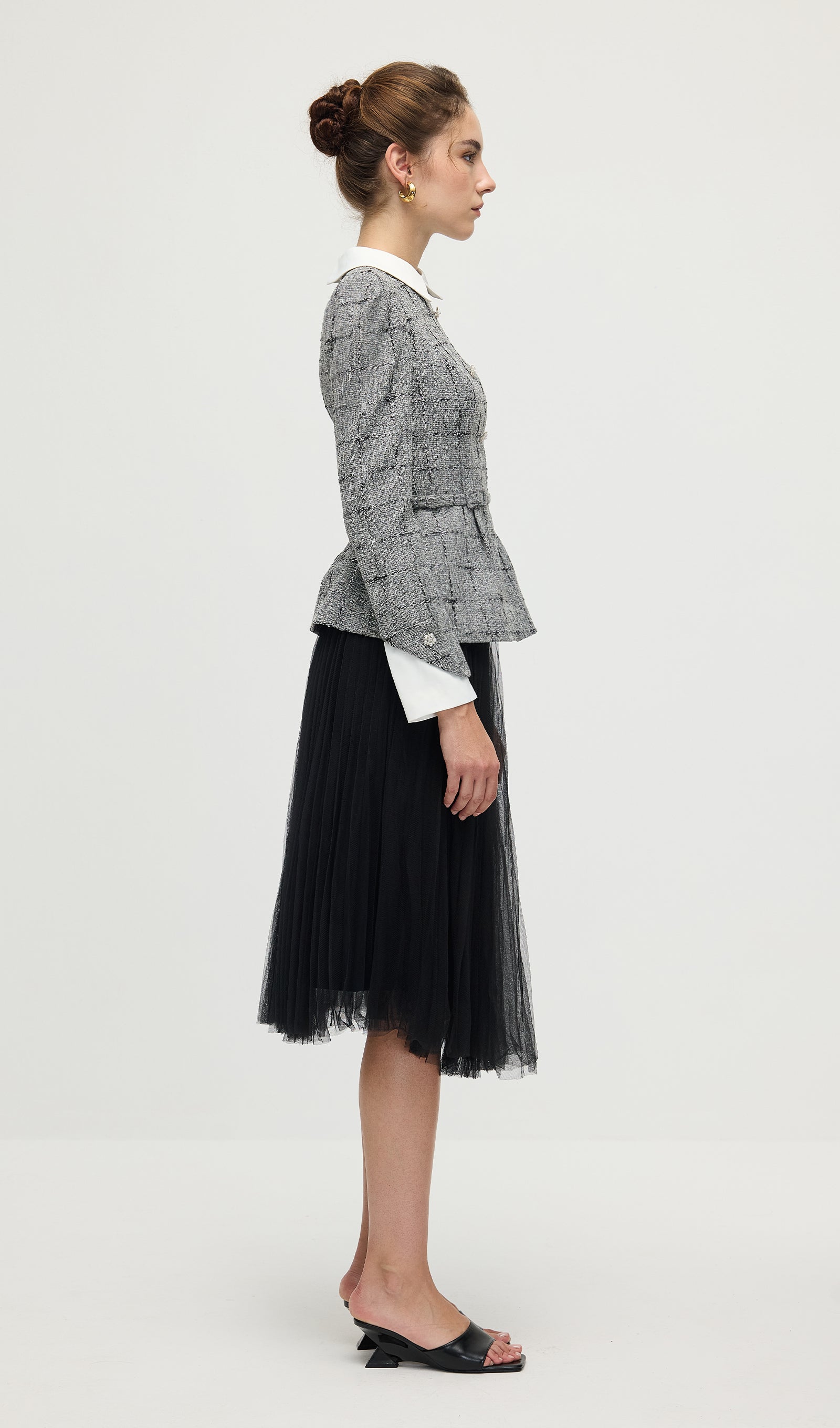 Peplum Tweed Top & Mesh Midi Skirt Set