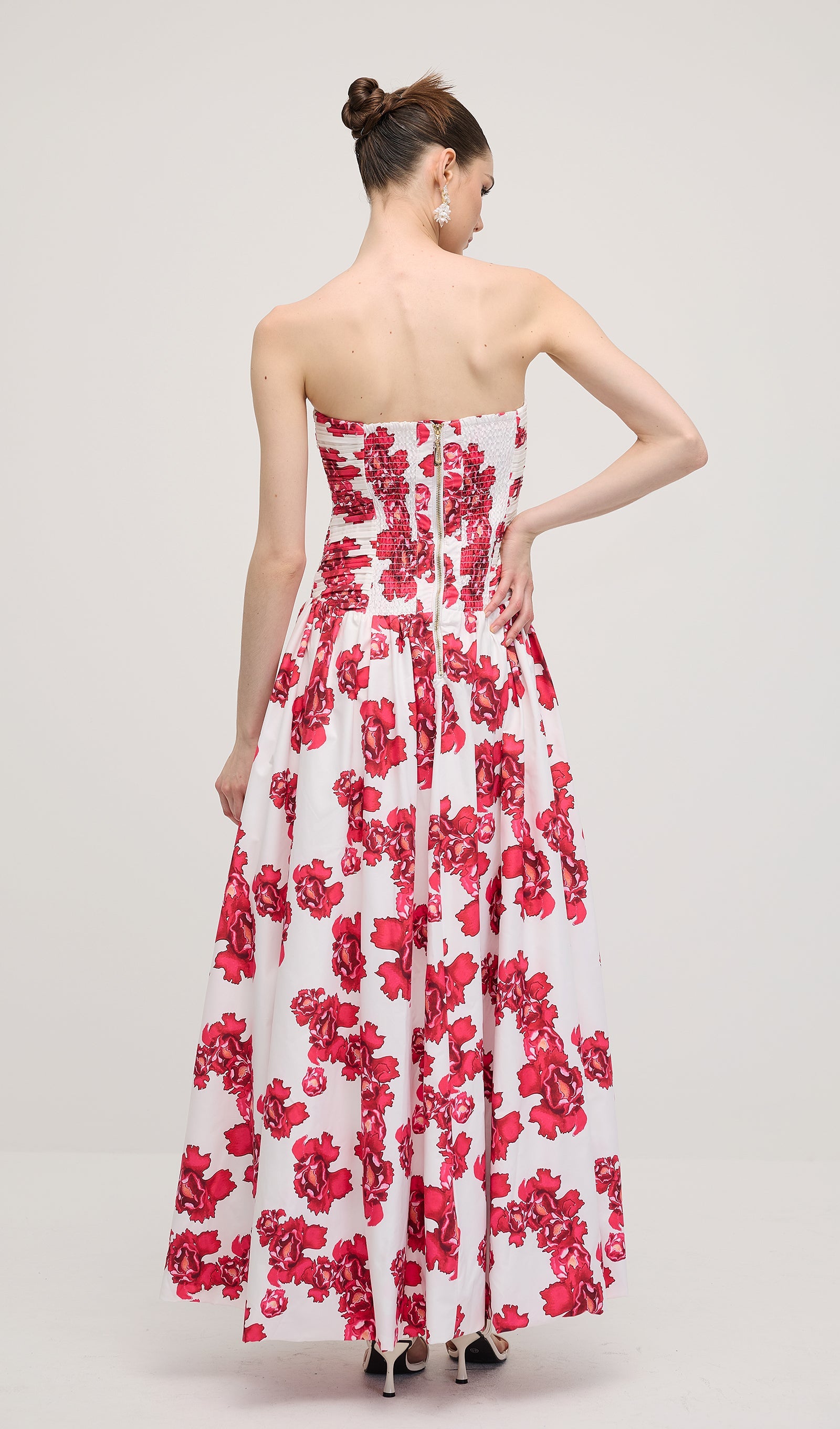 Sleeveless Ruched Draped Split Maxi Dress In Red Print