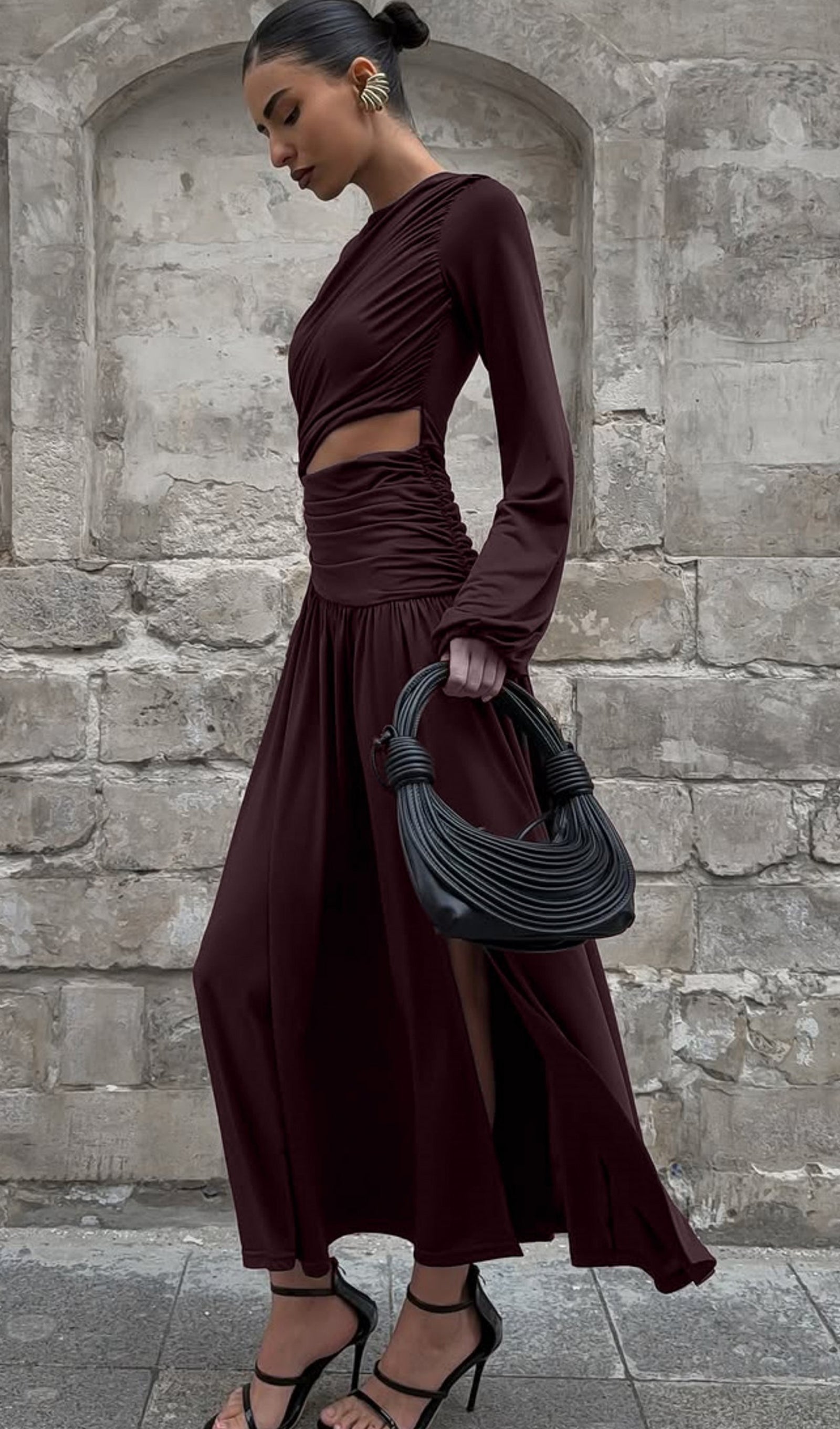 Long Sleeve Hollowed-Out Pleated Midi Dress