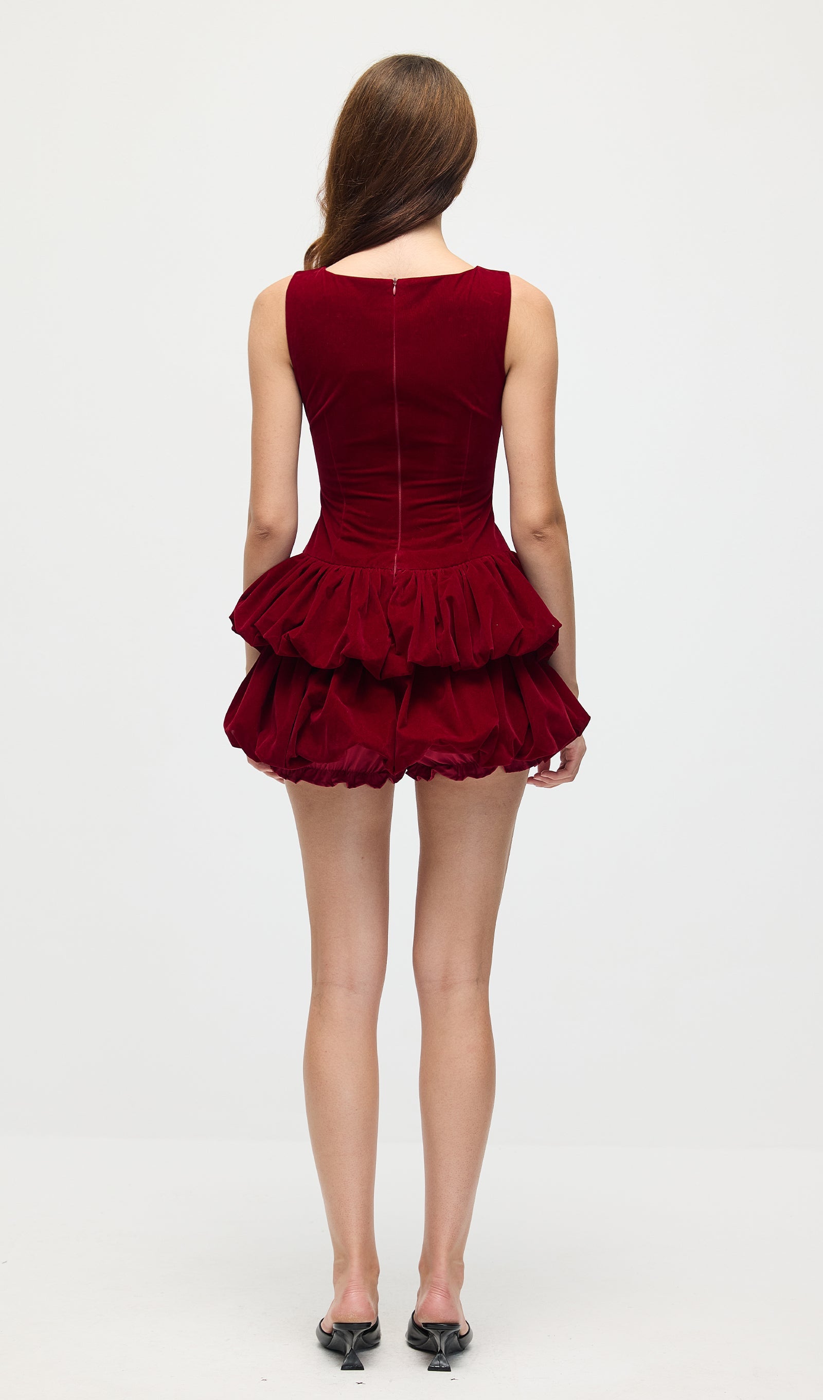 Velvet Tiered Mini Dress In Red