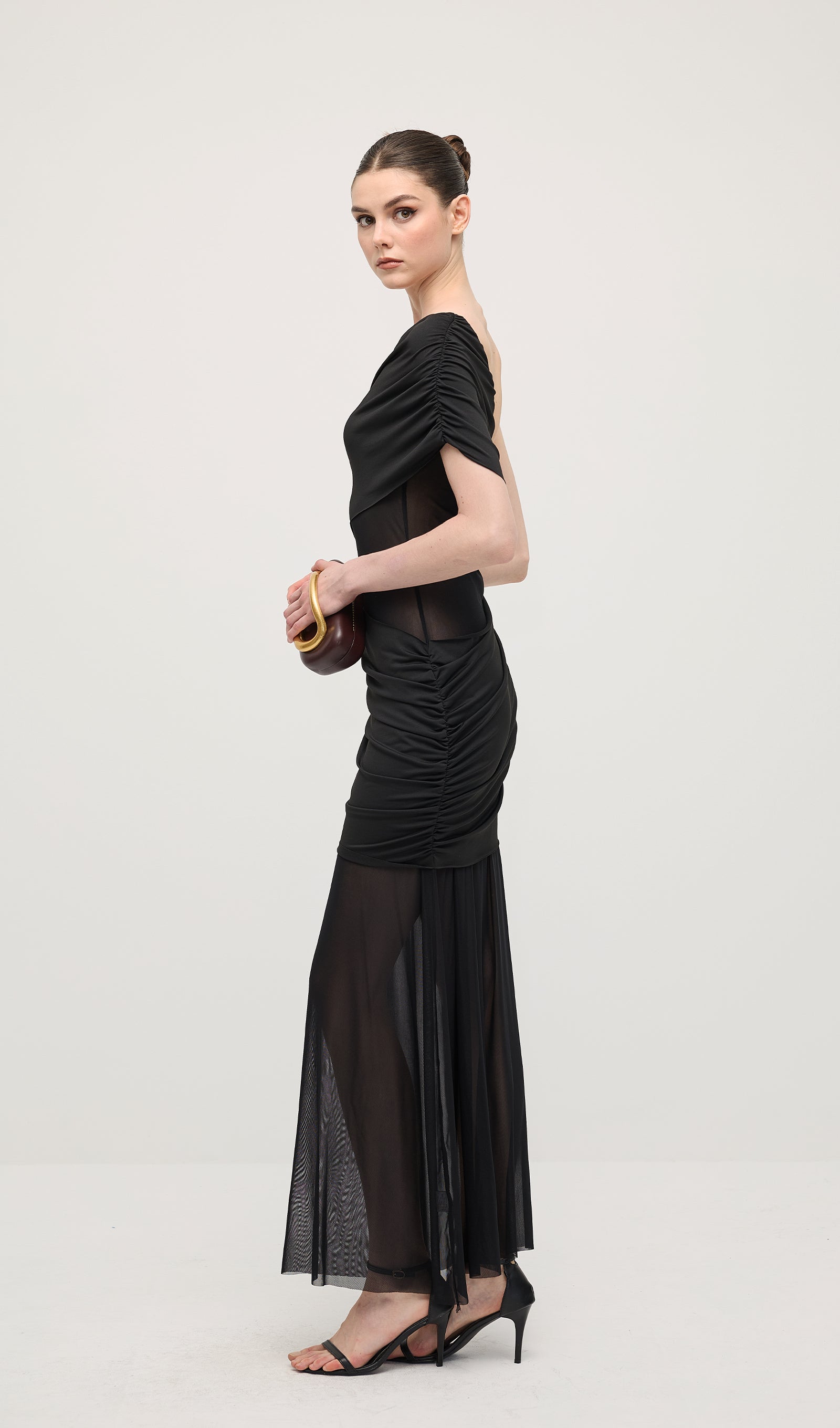 One Shoulder Mesh Maxi Dress In Black