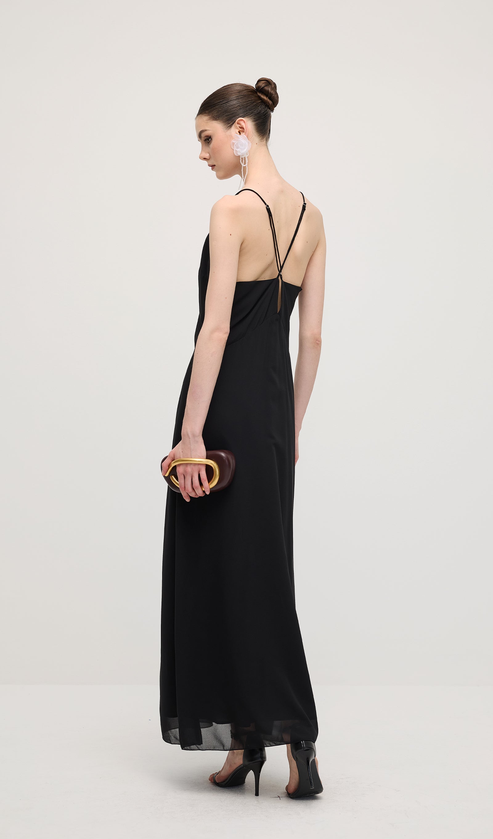 V Neck Halter Maxi Dress In Black