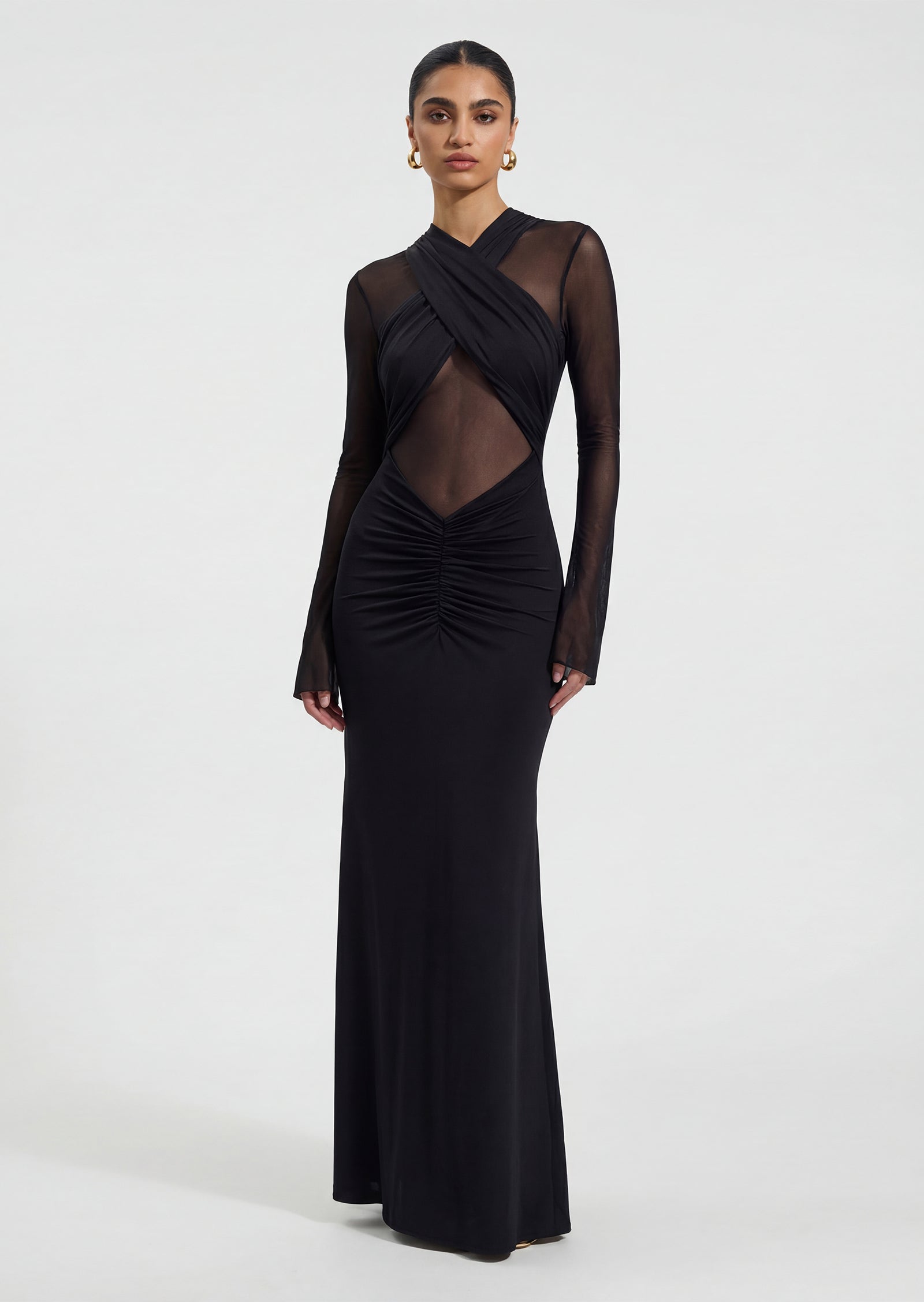 Slinky And Mesh Long Sleeve Maxi Dress In Black
