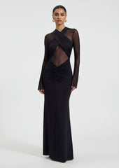 Slinky And Mesh Long Sleeve Maxi Dress In Black