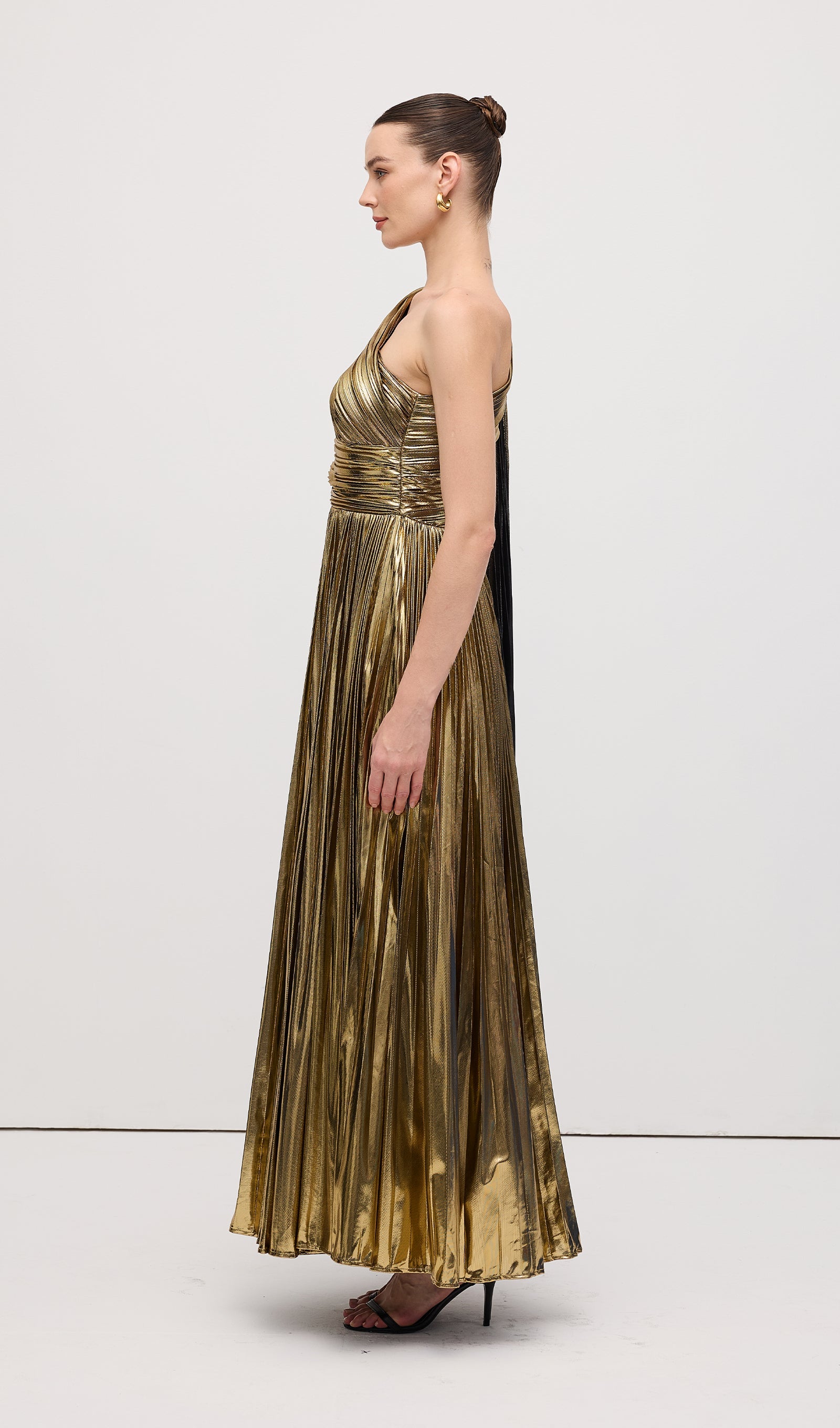Pleated Metallic One Shoulder Maxi Dress