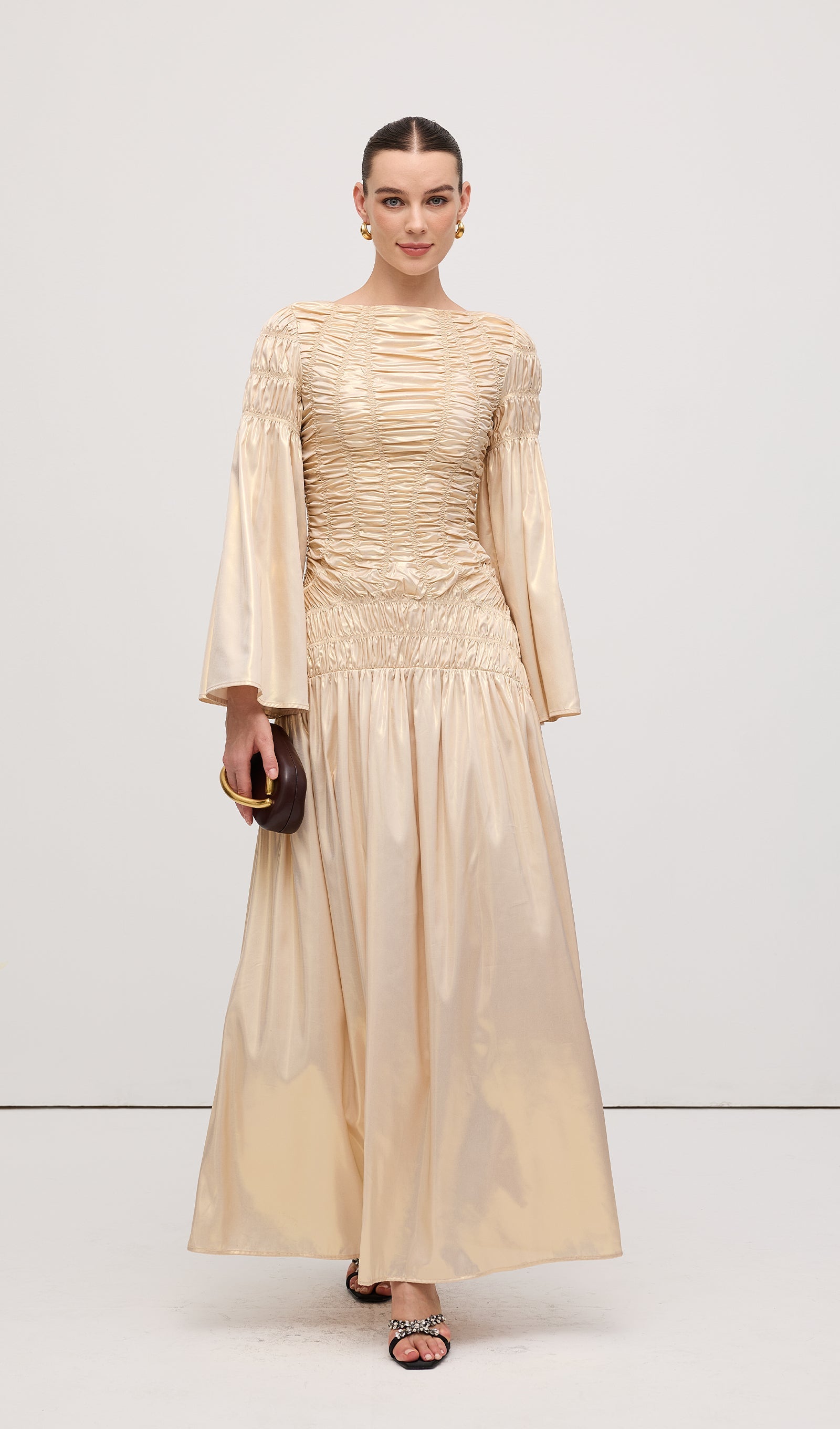 Metallic Elasticated Gathers Maxi Dress In Solid