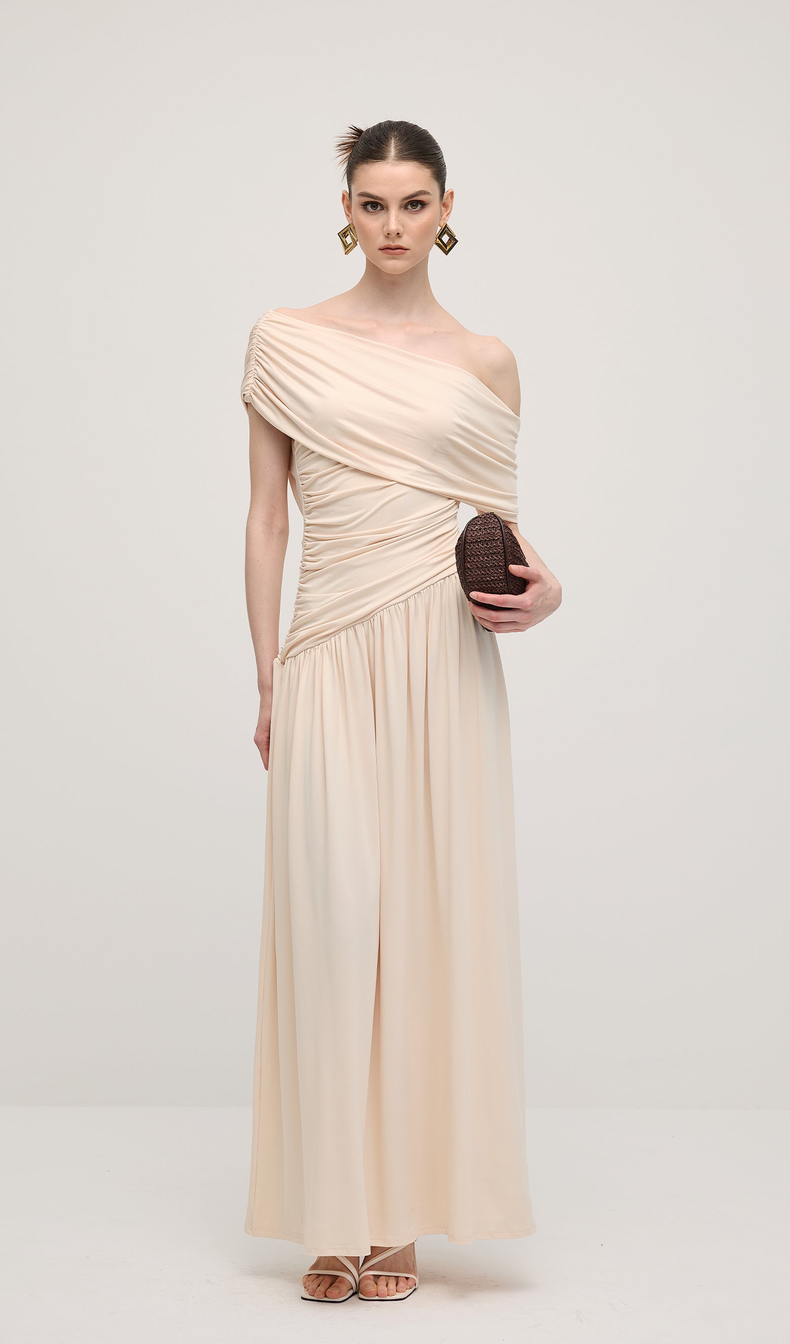 Off Shoulder Pleated Maxi Dress In Dune