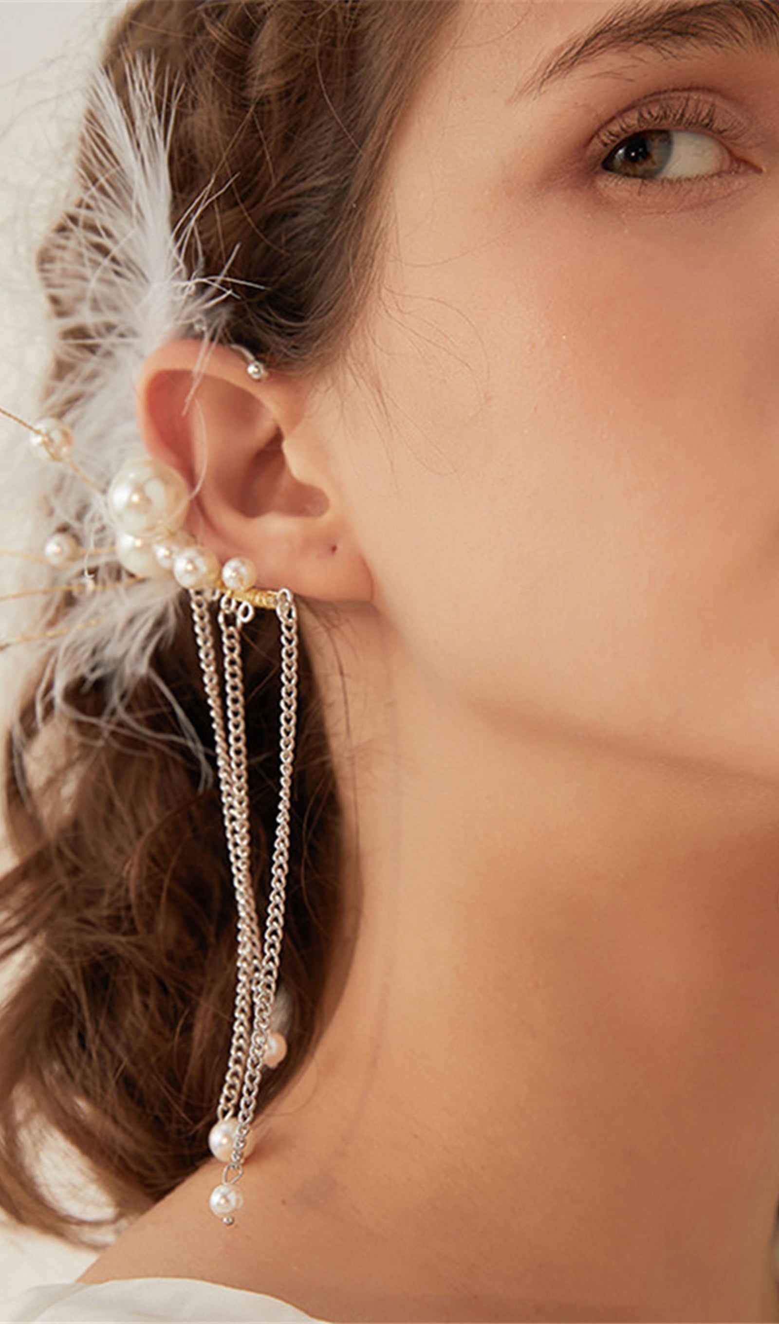 Feather Pearl Climber Tassel Cuff Single Earrings