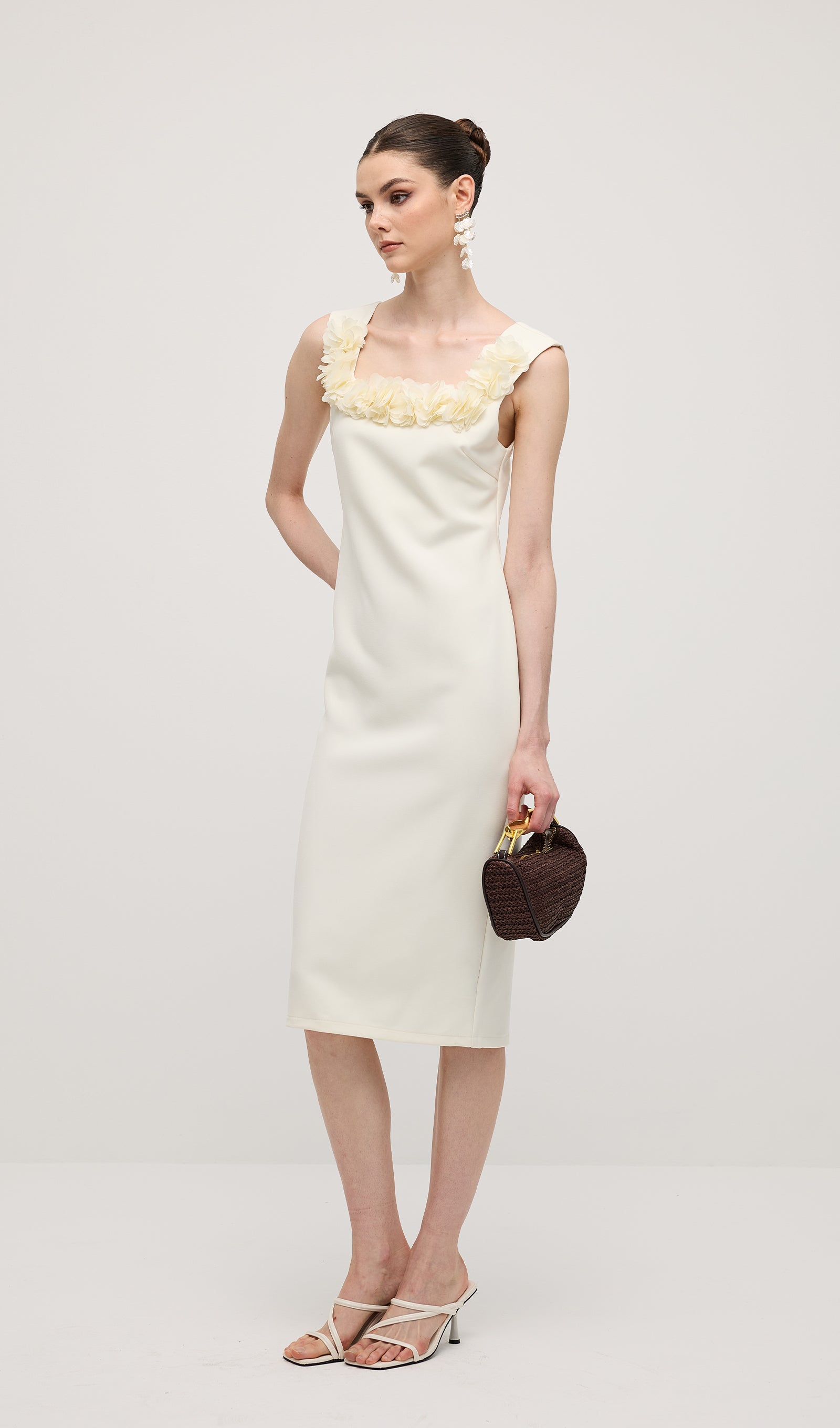 Square Neck 3D Petal Appliques Midi Dress