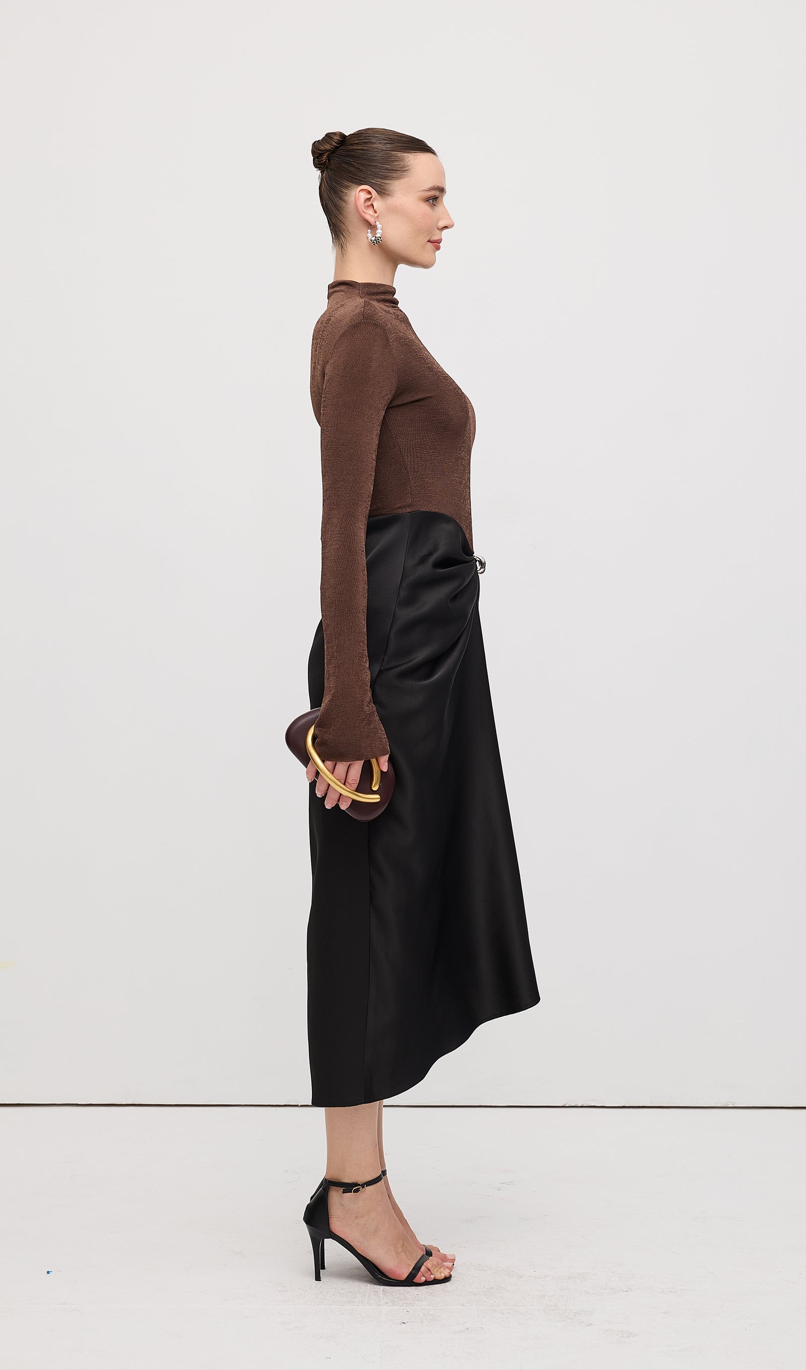 Asymmetrical Pleat Maxi Dress Brown
