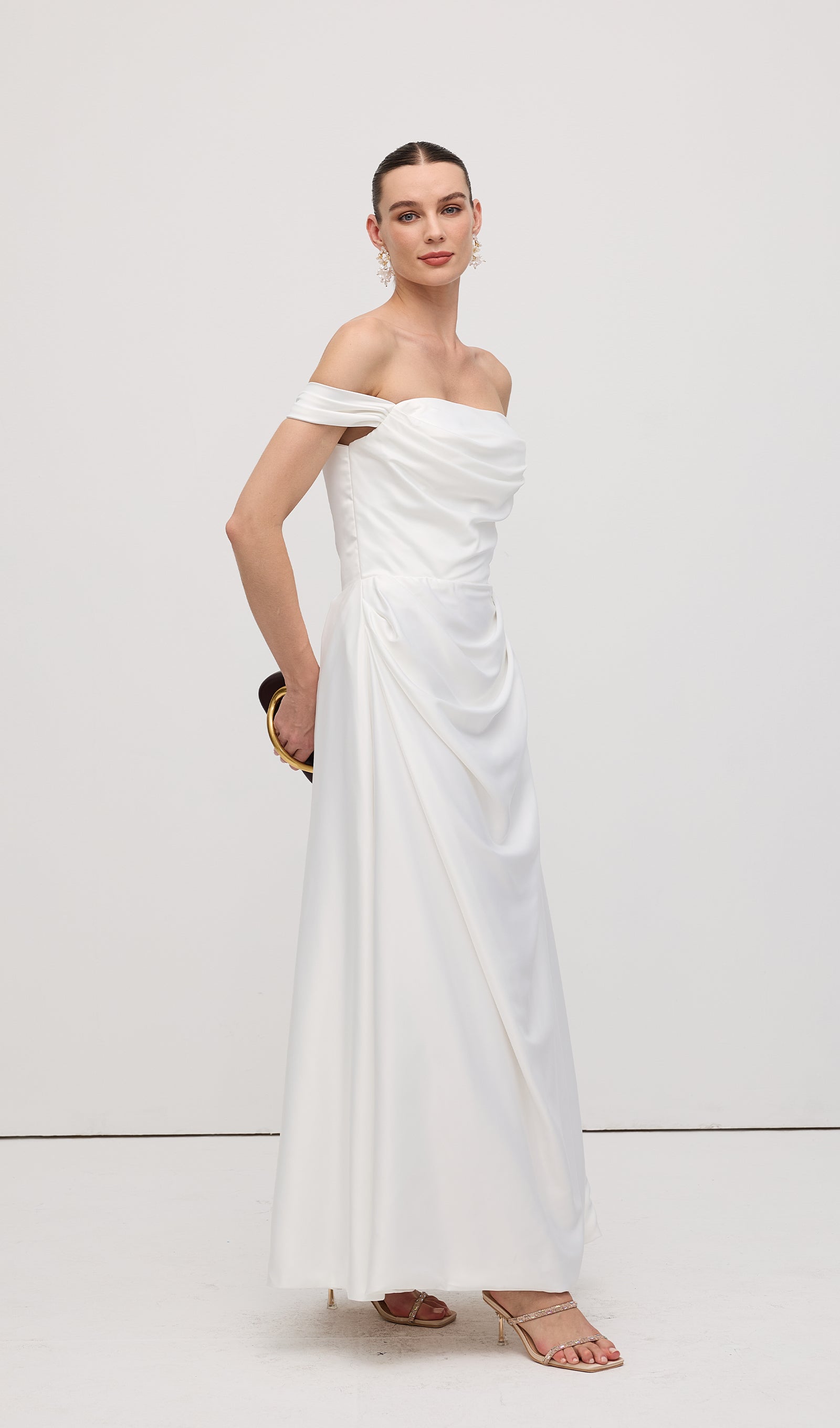 Off Shoulder Satin Maxi Dress