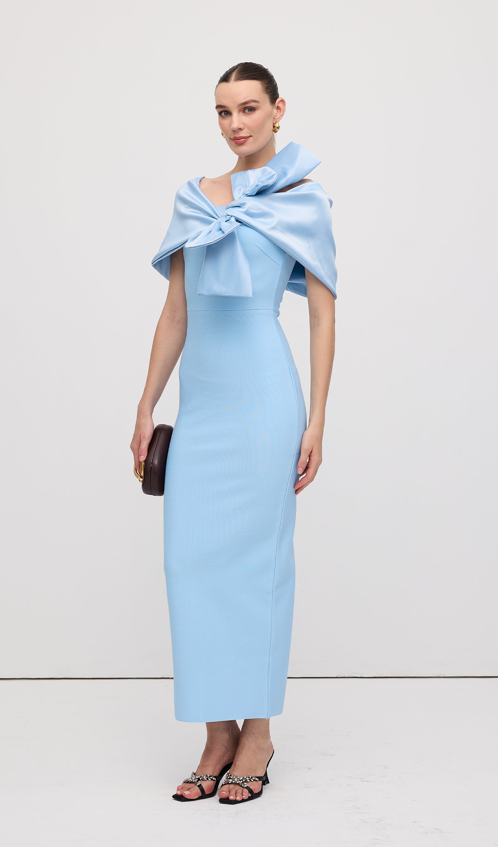 Shawl Strapless Collar Satin Maxi Dress