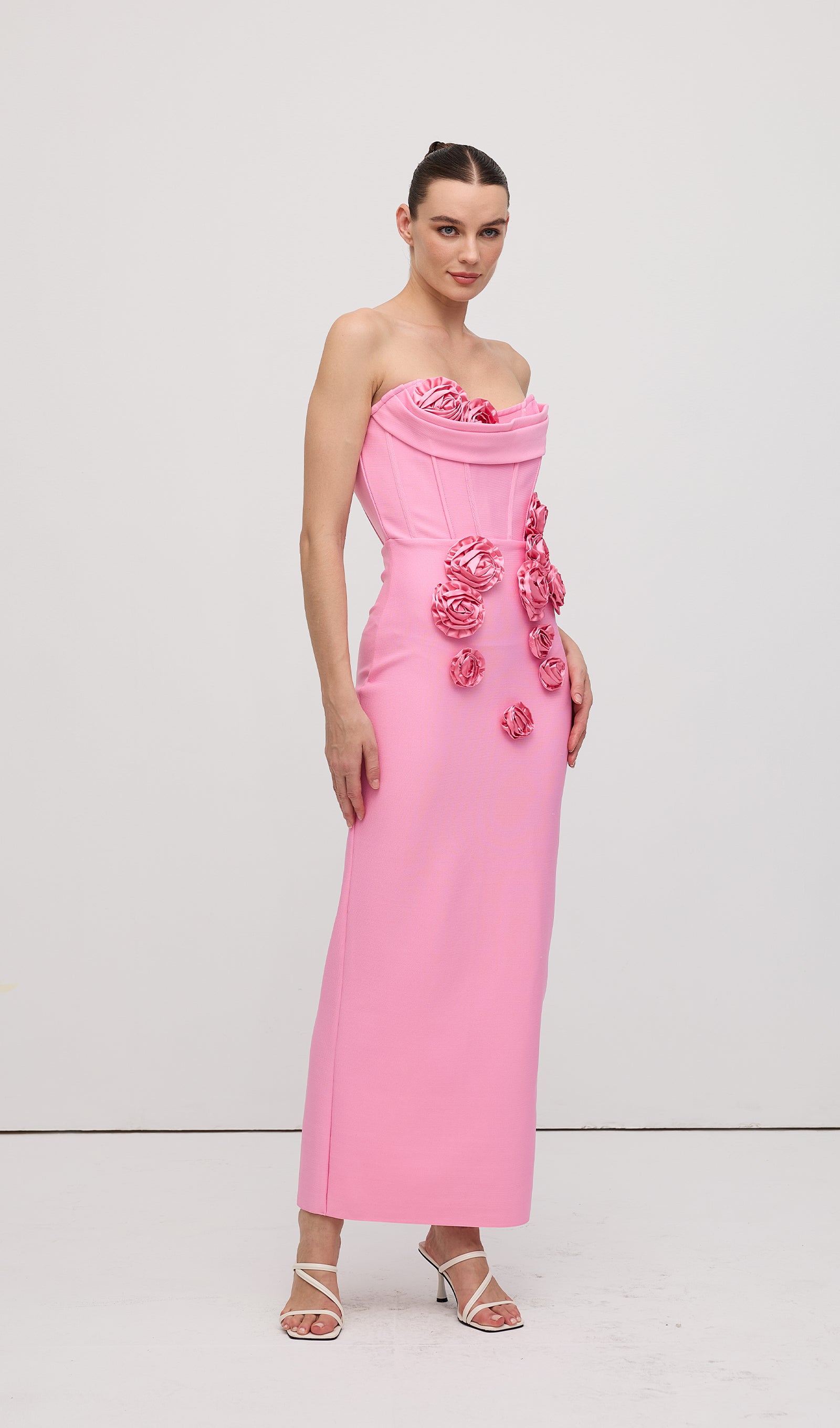Strapless Flower Embellishments Maxi Dress Pink
